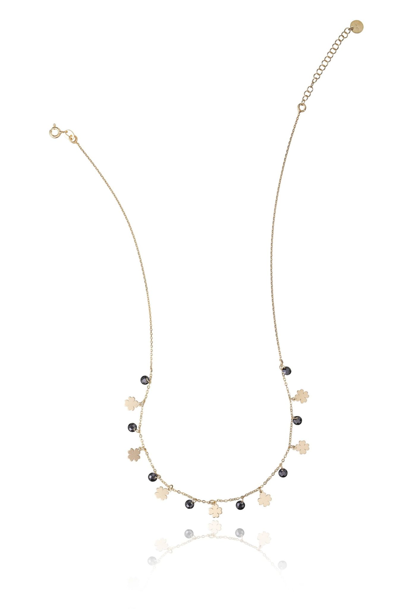 Collana in Argento Dorata Fantasia Quadrifoglio con Pietre Nere