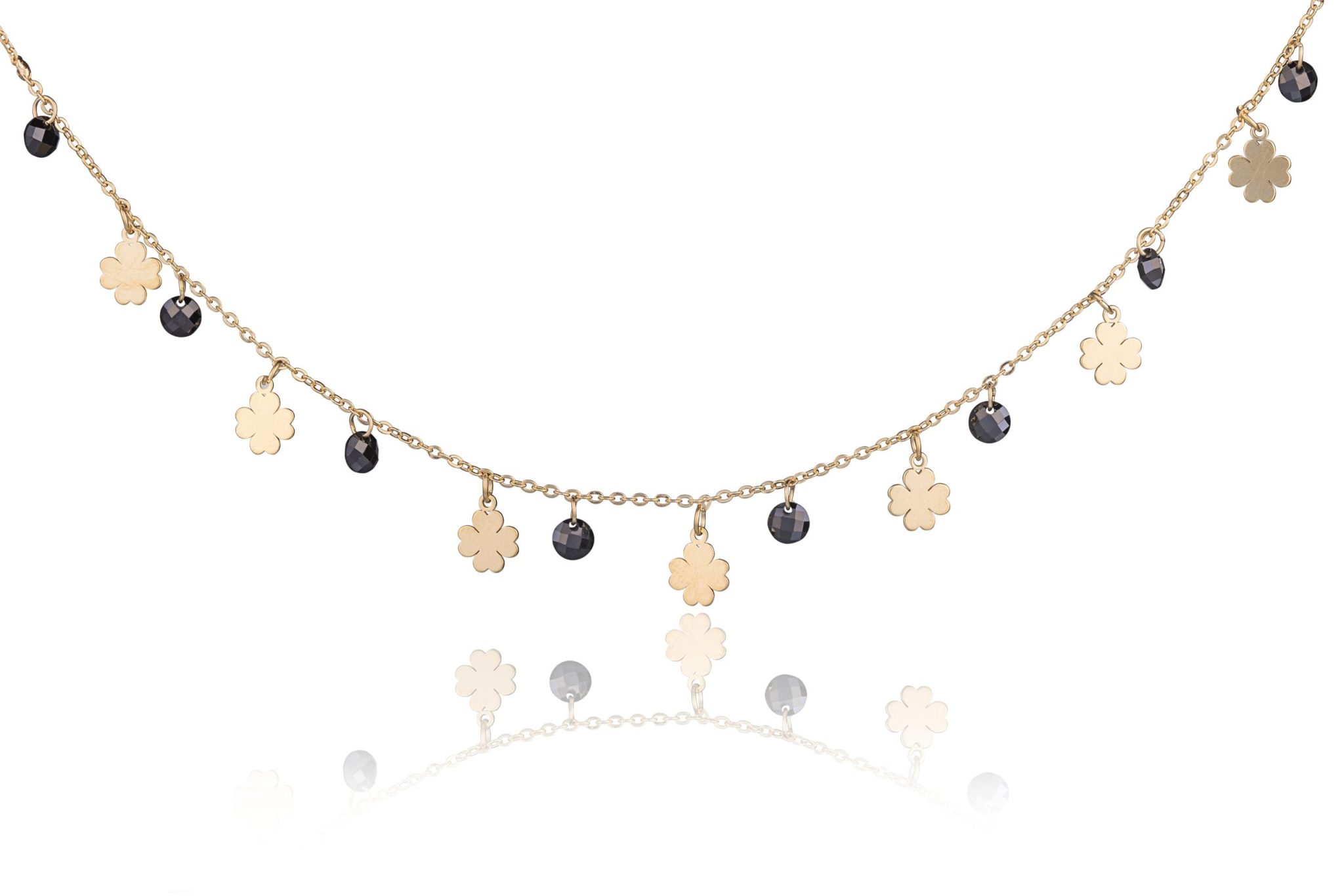 Collar de Plata Dorada Trébol Fantasía con Piedras Negras