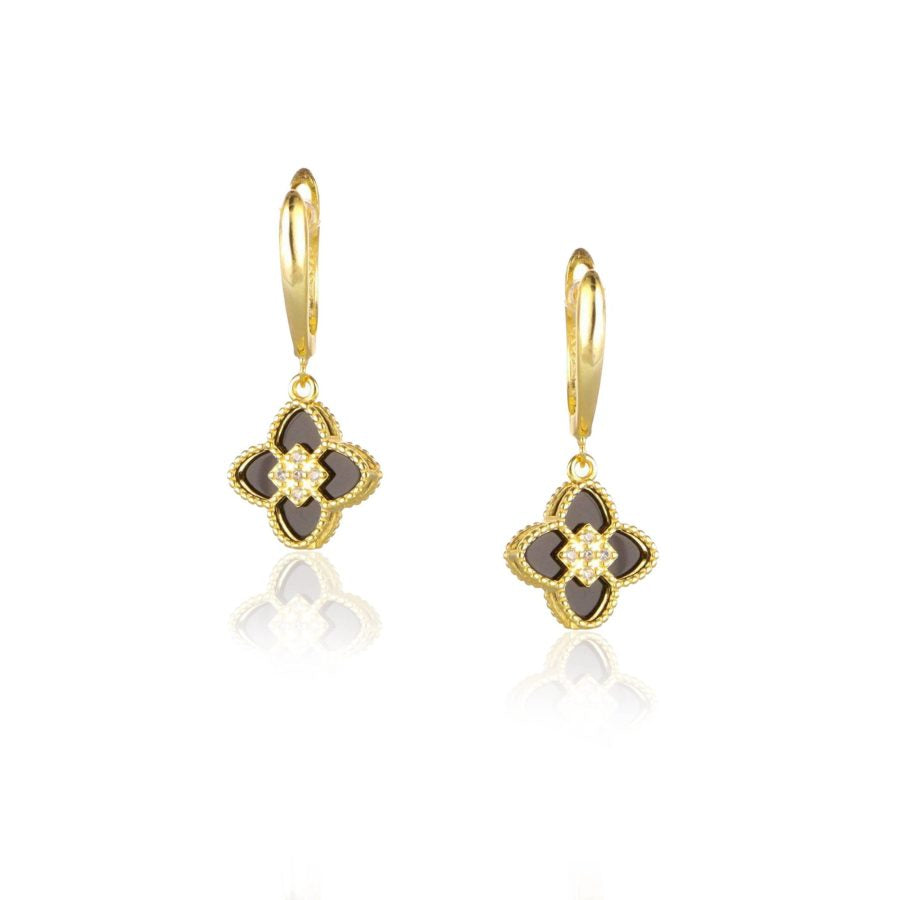 Golden Flower Earrings with Onyx