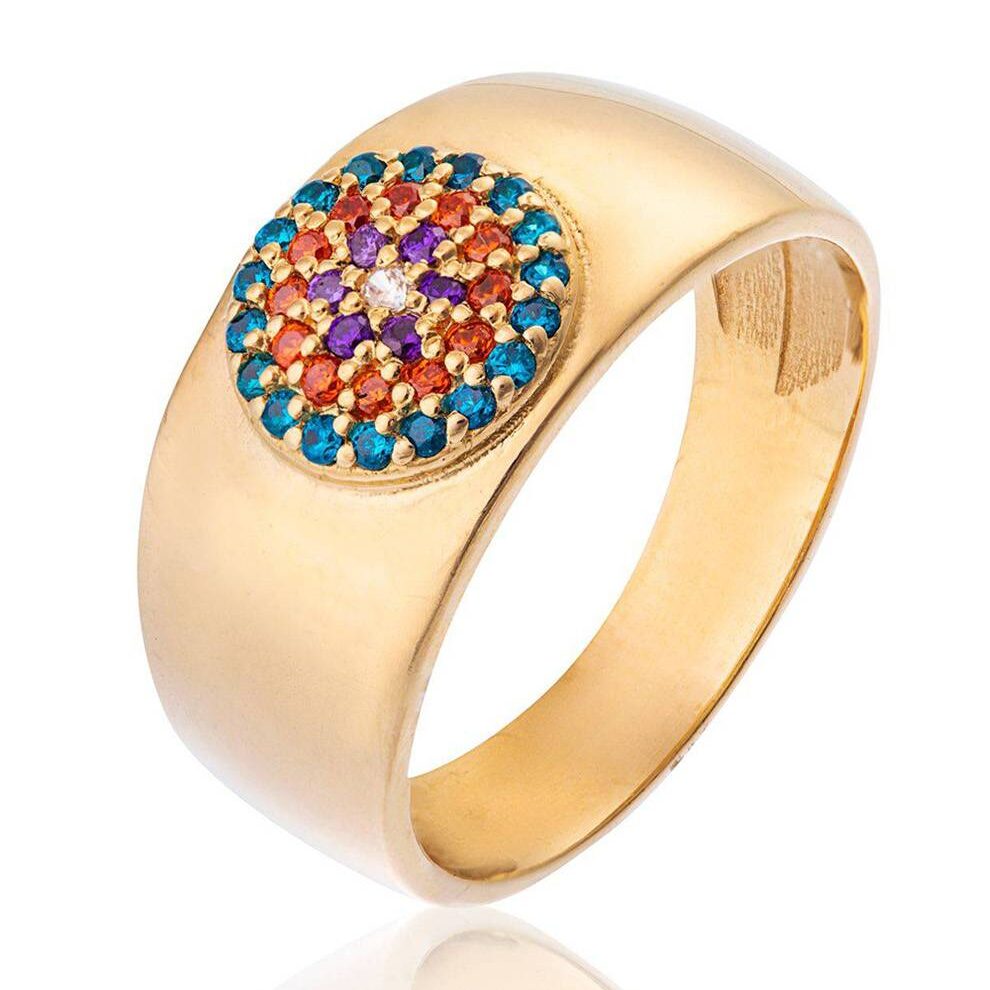 Bague Sceau en Or et Zirconium Cubique Multicolore