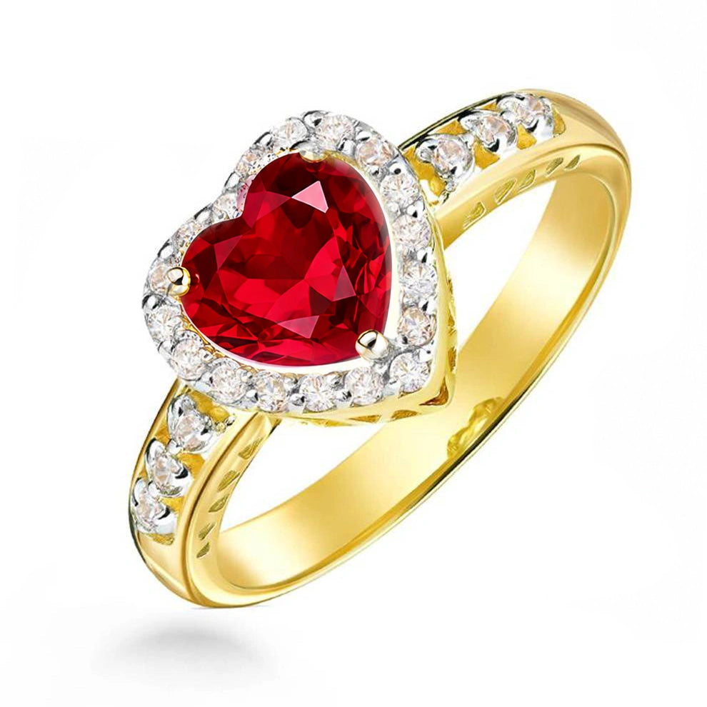 Gold Band Ring with Heart and Red Zirconia