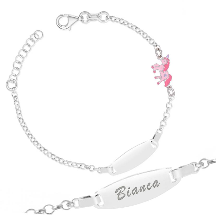 Armband aus Silber mit Plakette und rosa Einhorn
