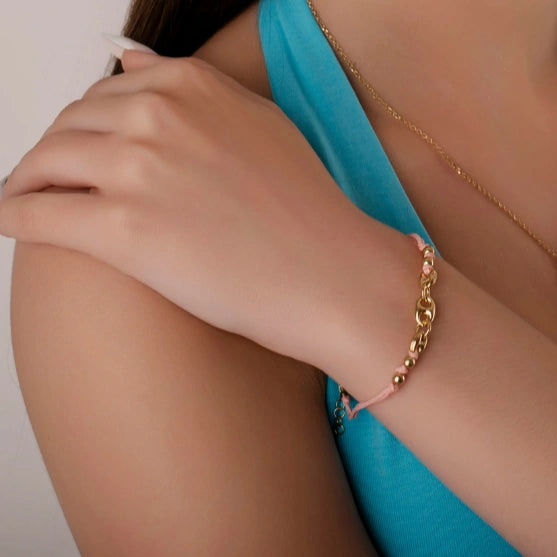 Pulsera triple marina de plata dorada con cordón rosa y esferas