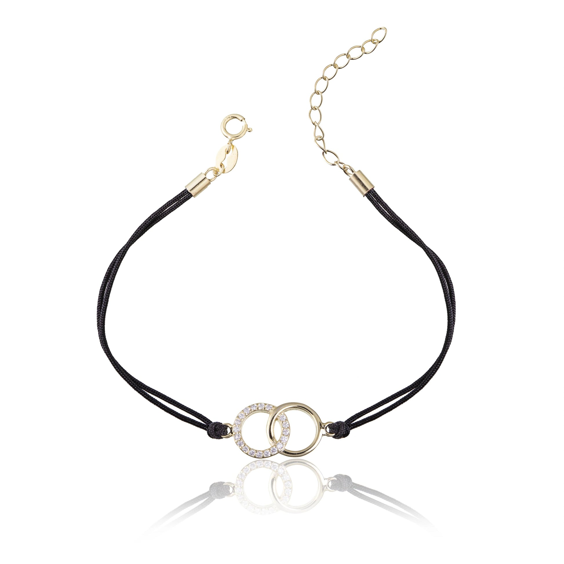 Pulsera de Plata con Cordón Rojo Círculos con Strass Dorado