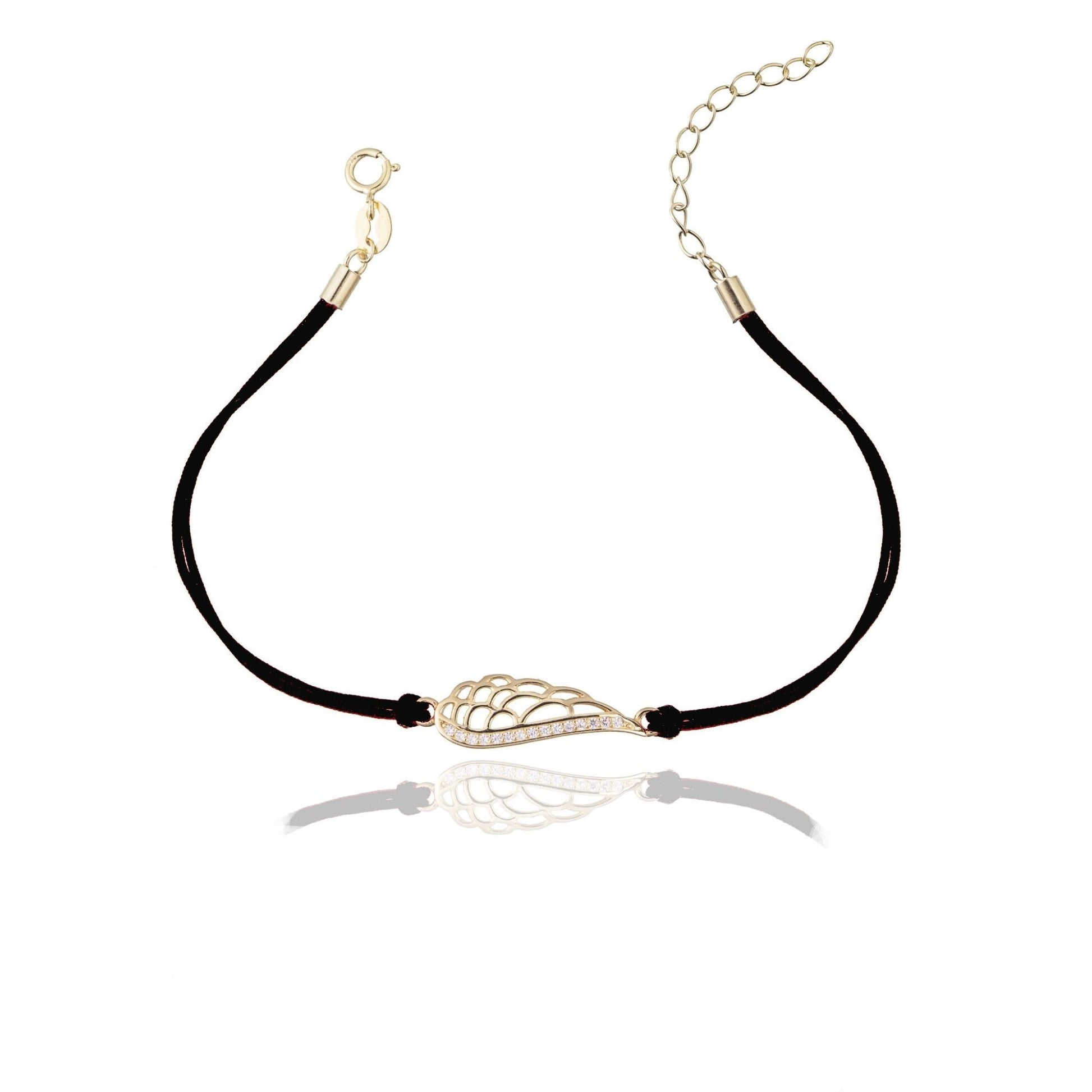 Pulsera de Plata con Cordón Ala y Strass Grande Dorado
