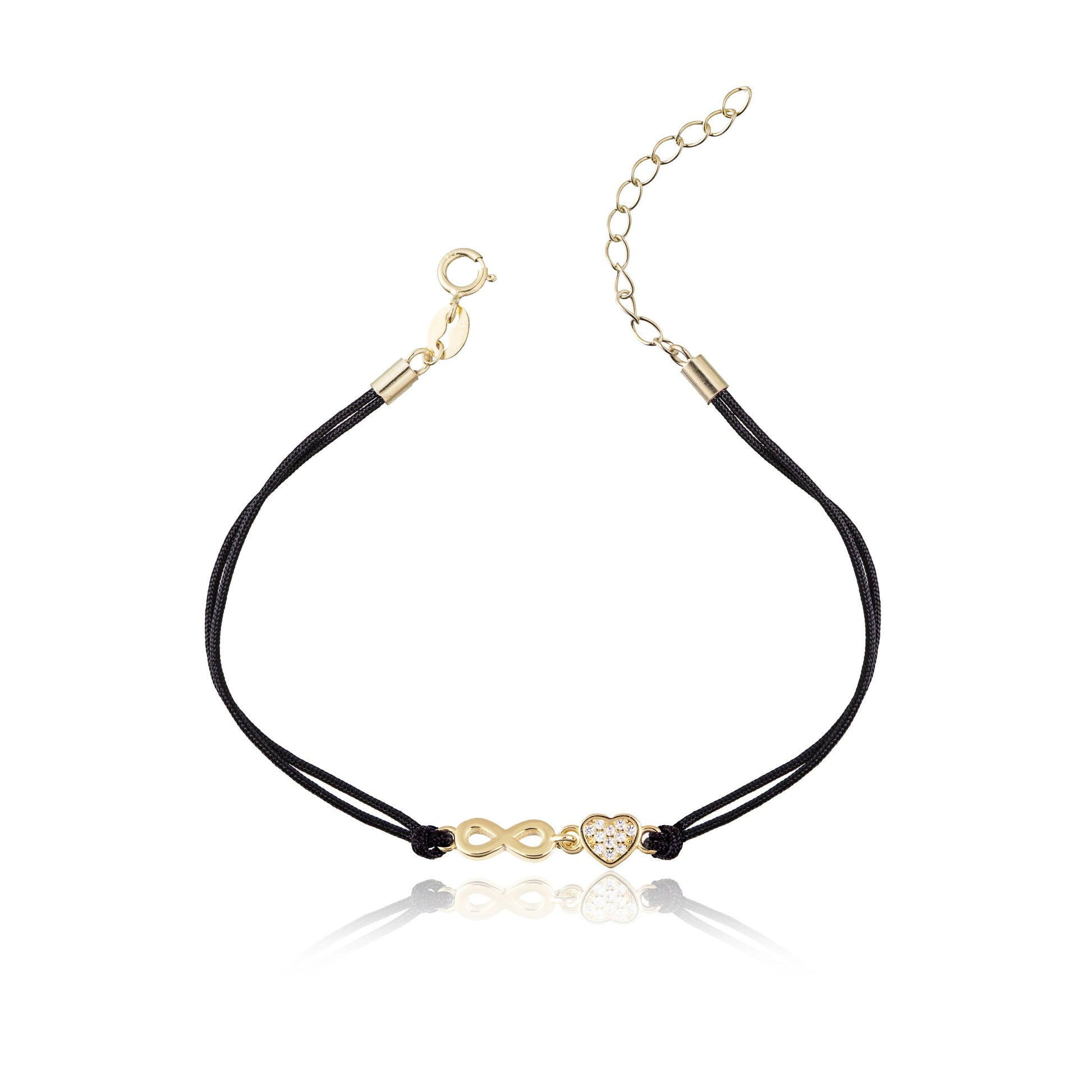 Silver Silver Cord Bracelet with Heart and Infinity, Gold Plated