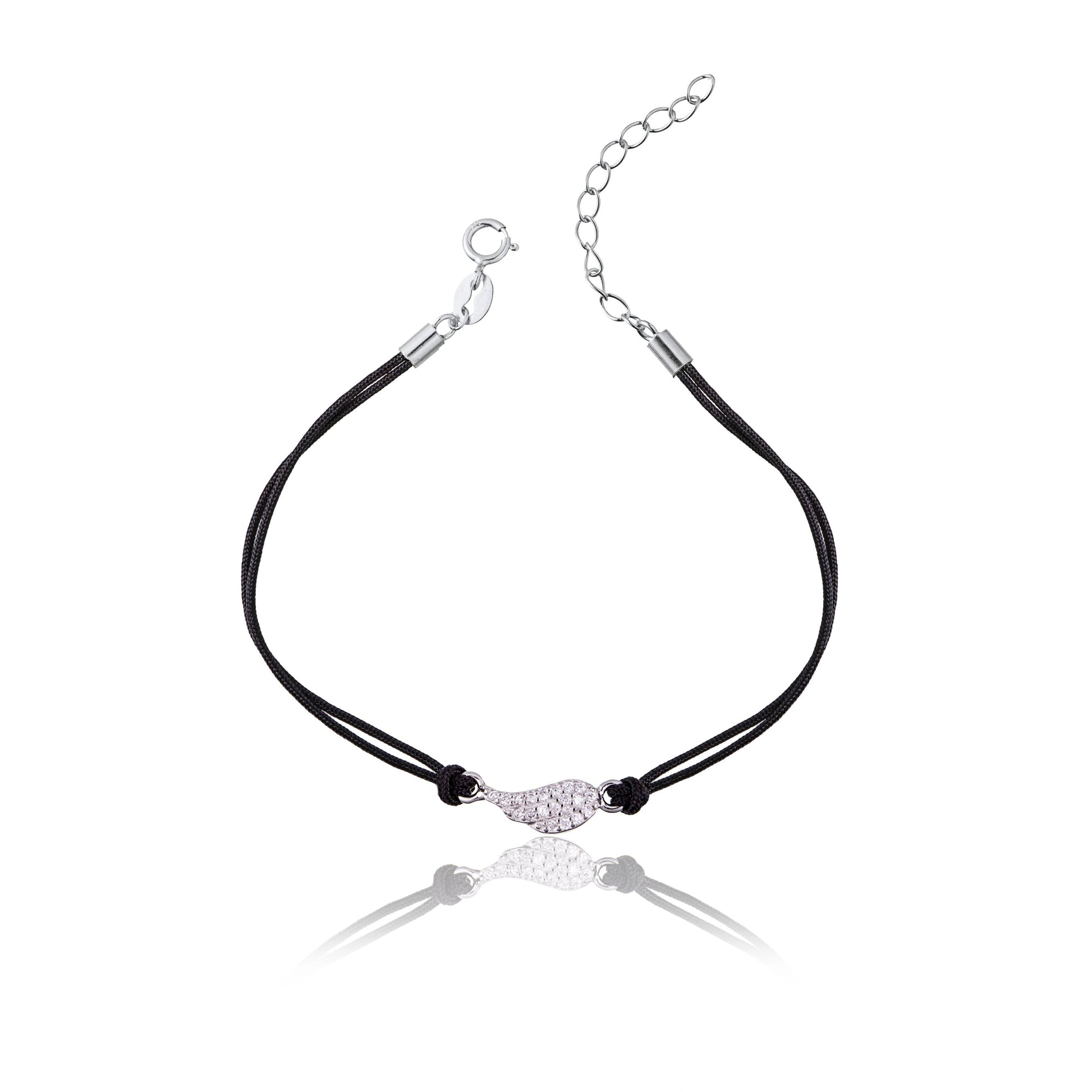 Pulsera de Plata Rodinada con Cordón Ala y Strass Pequeño