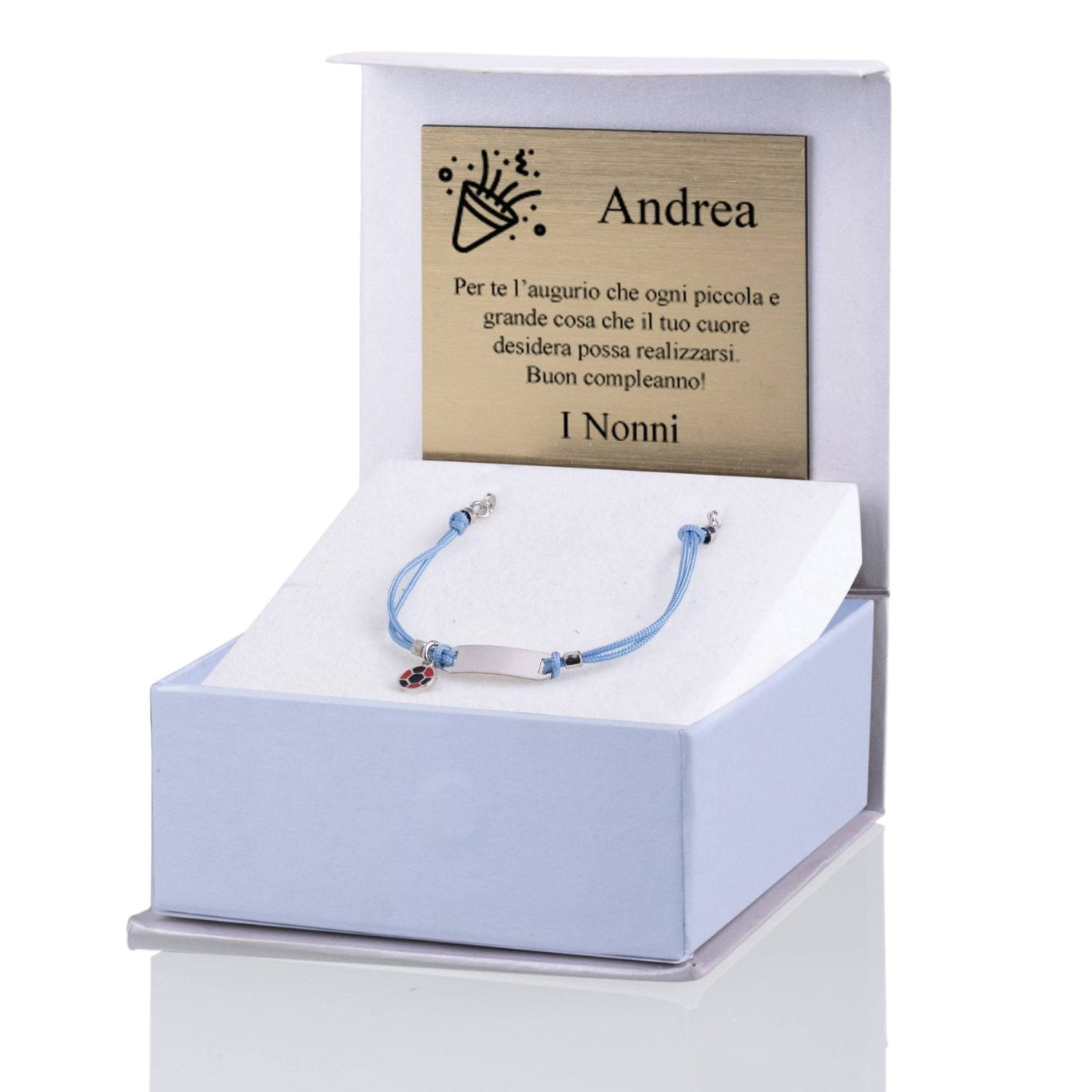 Silberarmband für Jungen mit hellblauer Kordel und rotem-schwarzem Ball