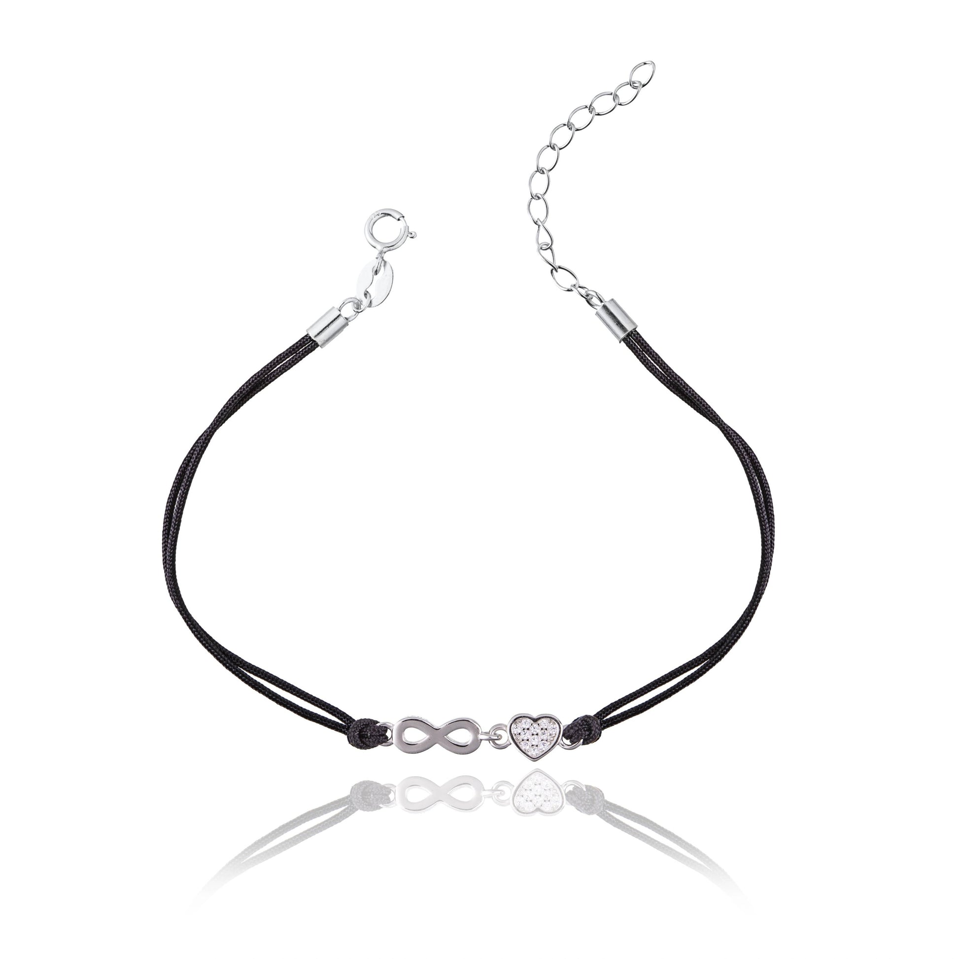 Bracelet en Argent sur Cordon Cœur et Infini Rhodié