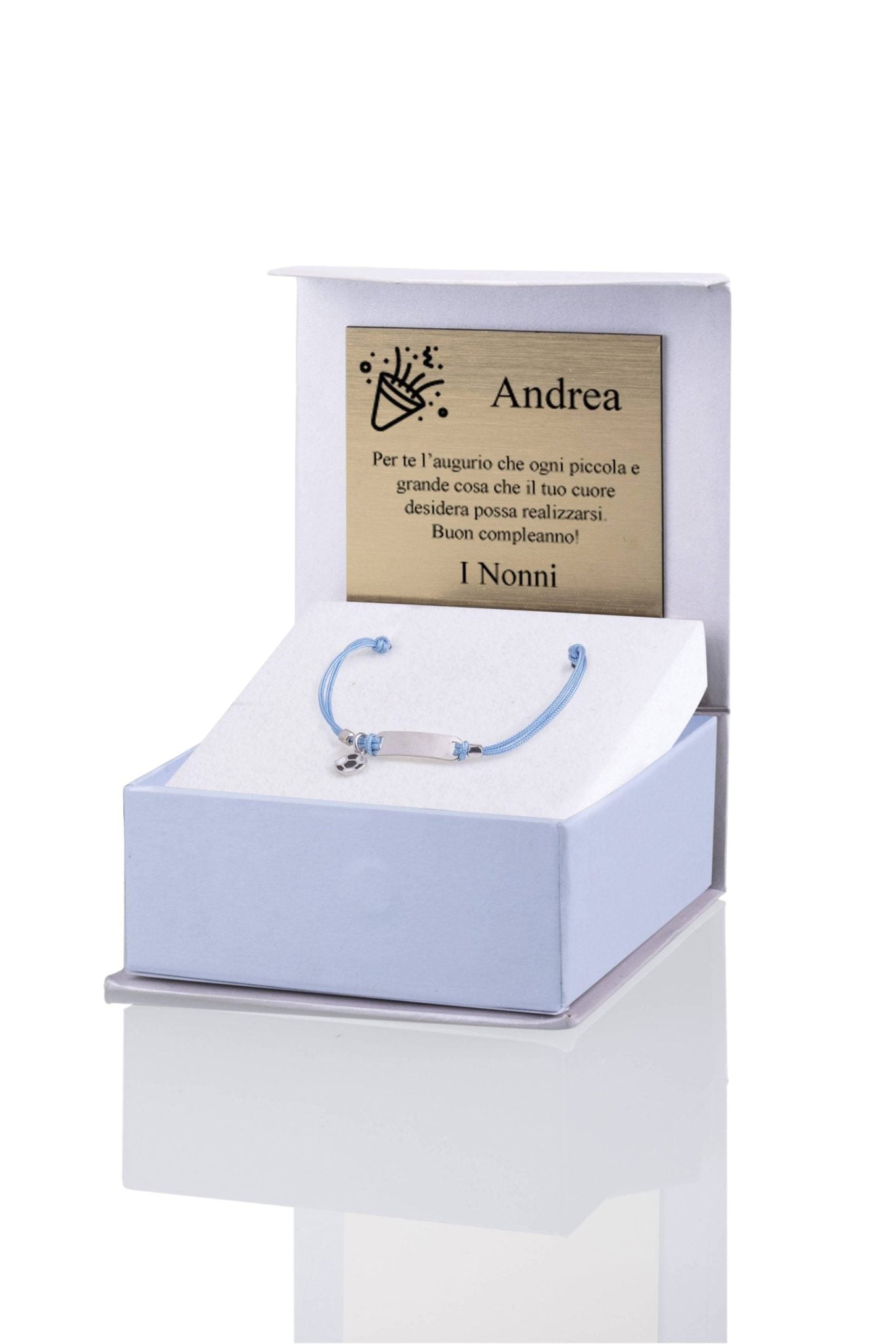 Bracciale Argento Bimbo Cordoncino Azzurro Pallone Bianco Nera