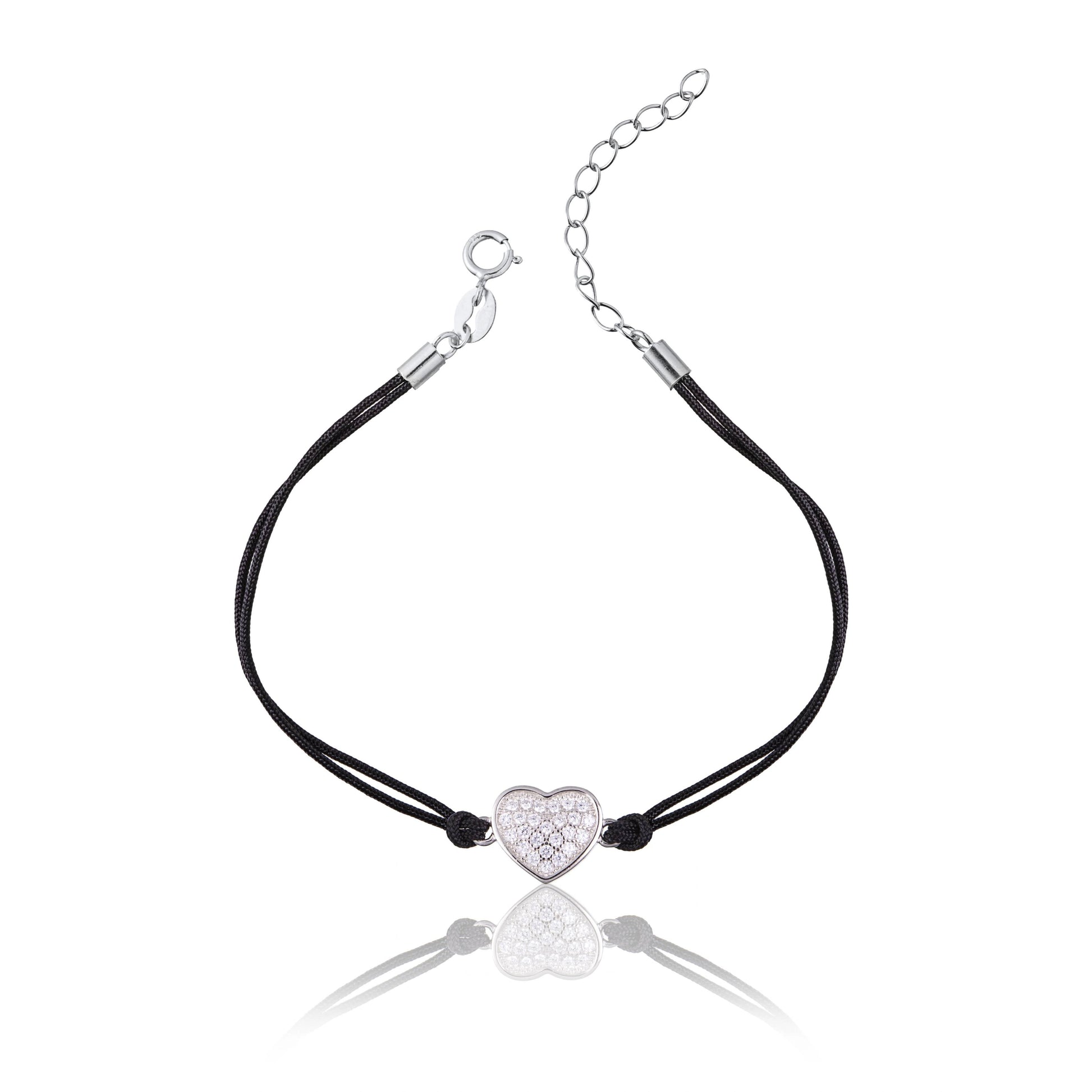 Pulsera de Plata con Cordón Corazón con Strass Rodinada