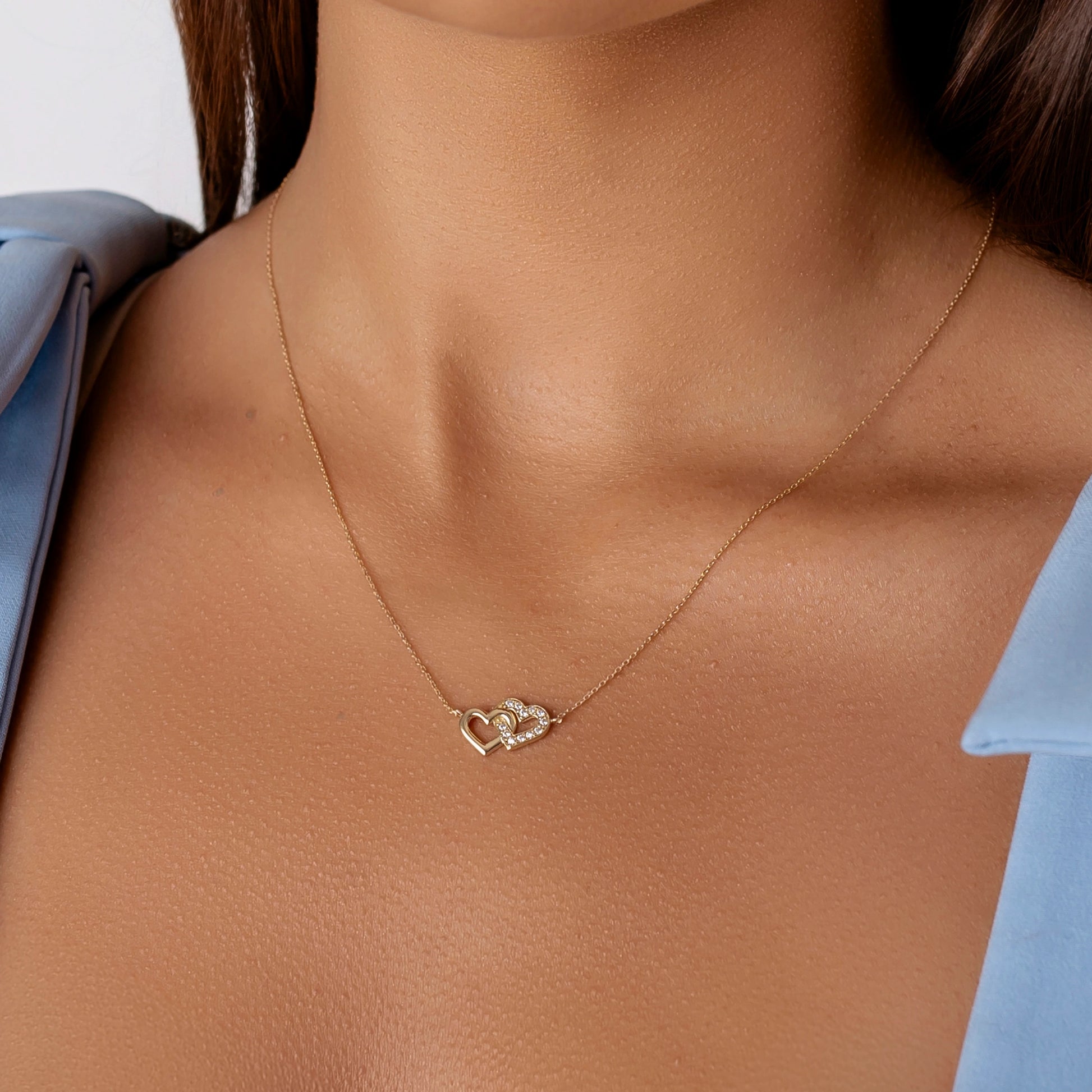 Collana in Oro con Doppio Cuore Strass