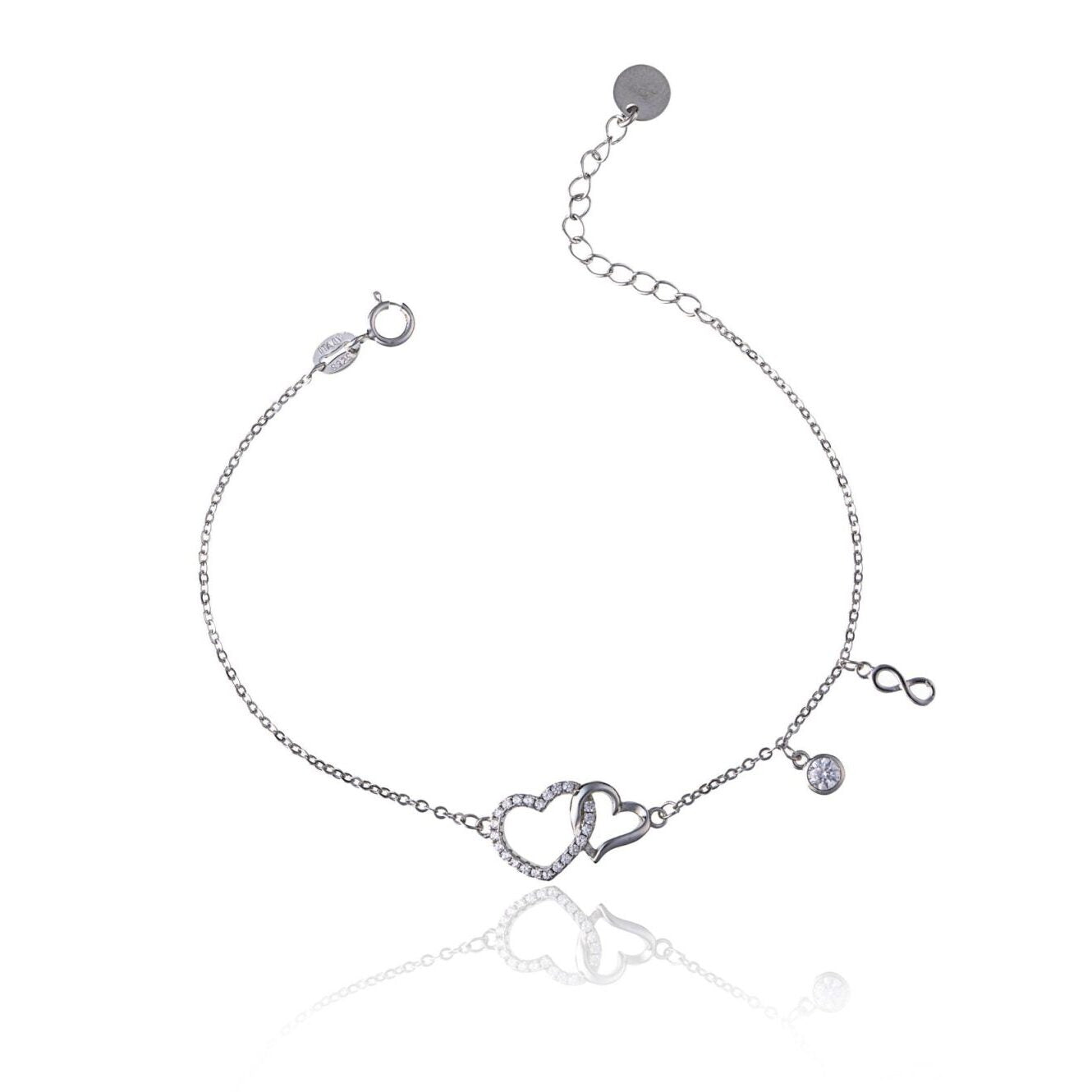 Silver Bracelet with Hearts, Rhinestones, and Infinity Symbol