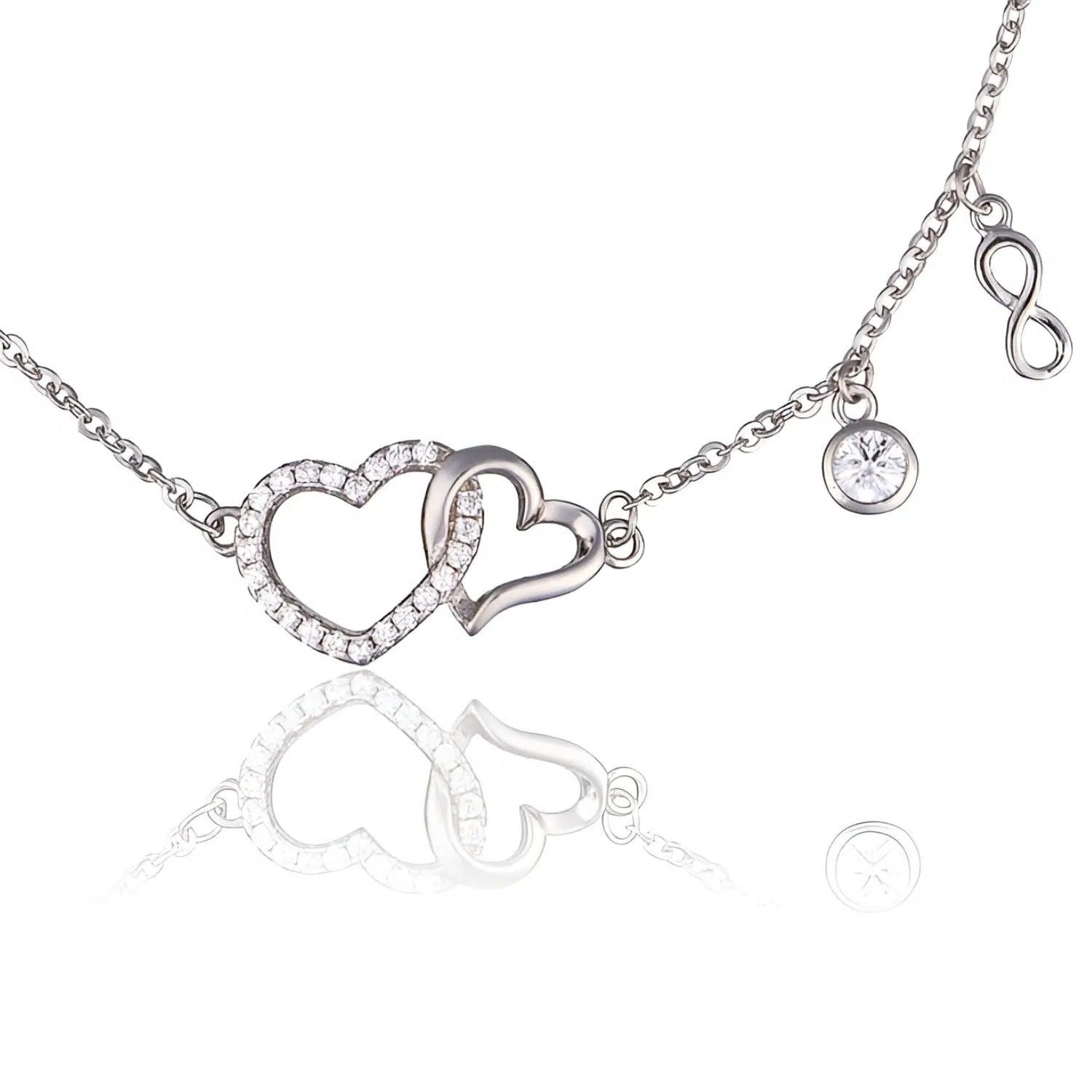 Silver Bracelet with Hearts, Rhinestones, and Infinity Symbol