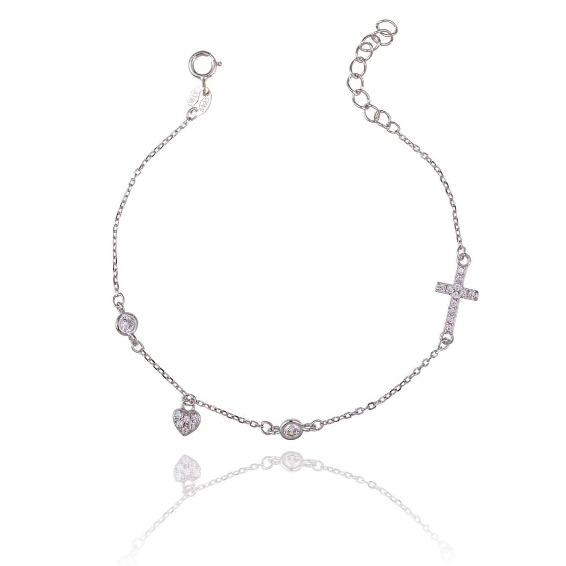 Silver Bracelet with Heart and Cross with Zircons