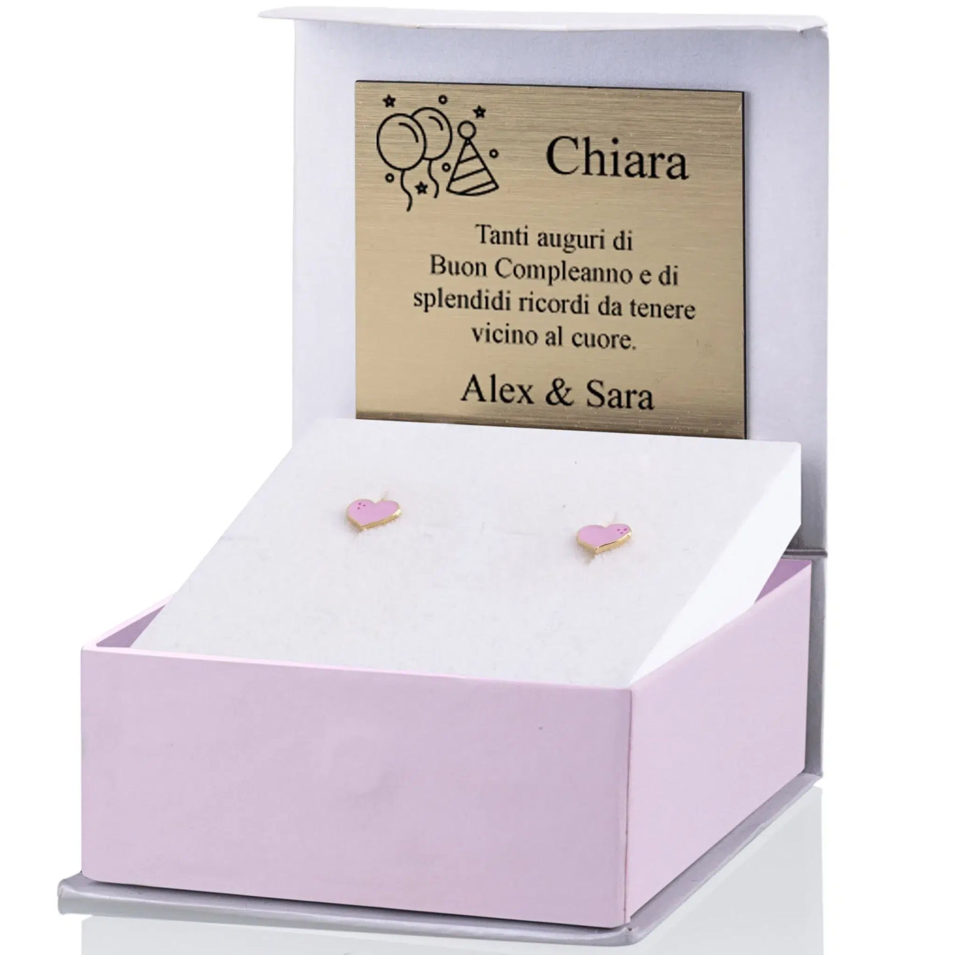 Orecchini a Campanella in Argento con Cuore Smaltato Rosa e Dorato