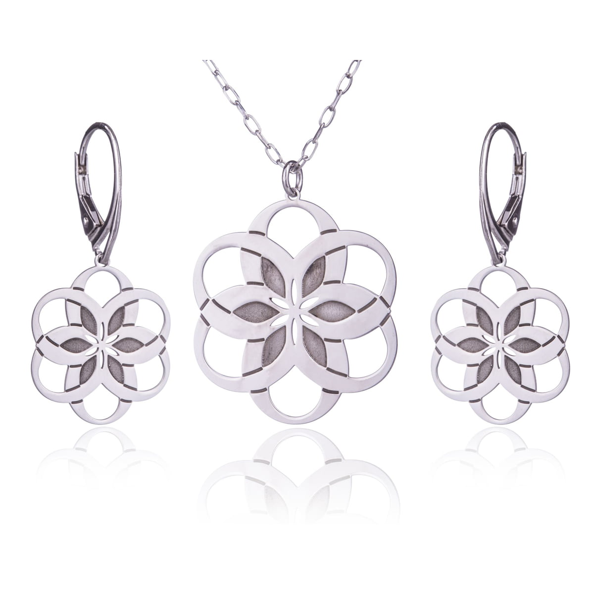 Set with Six-Petal Flower Rhodium Plated