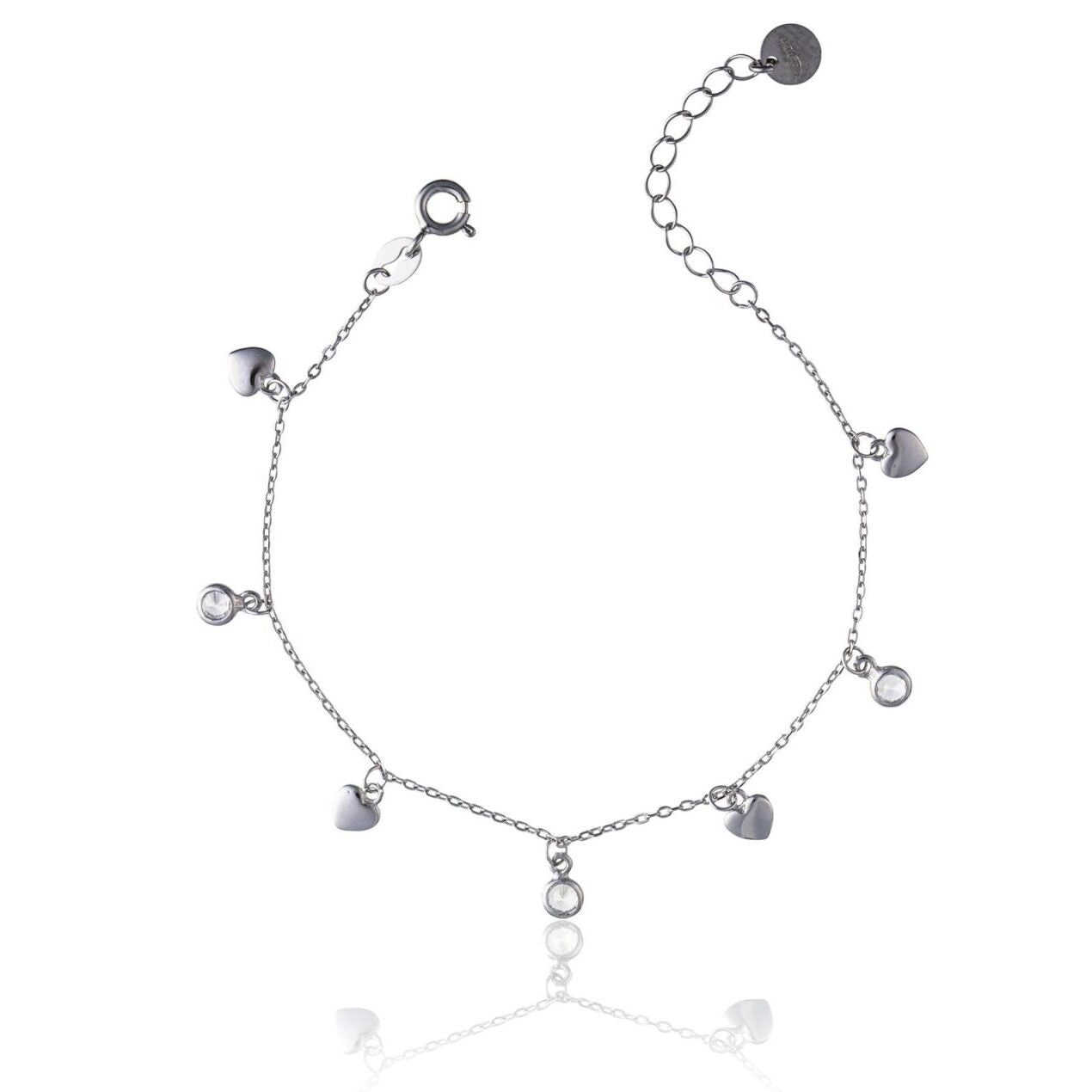 Pulsera de Plata Rodinada Corazones y Puntos de Luz Blancos