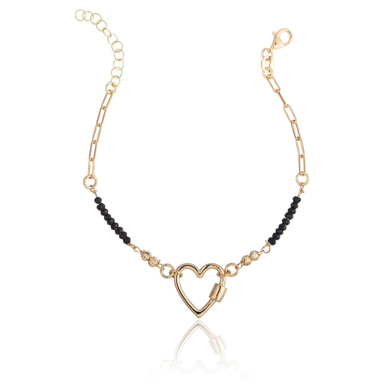Pulsera Dorada con Esferas y Corazón Calado con Piedras