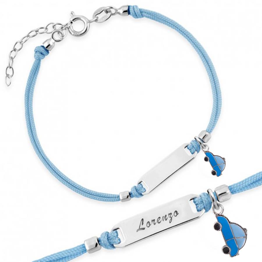 Silver Bracelet for Boy Blue Cord Toy Car