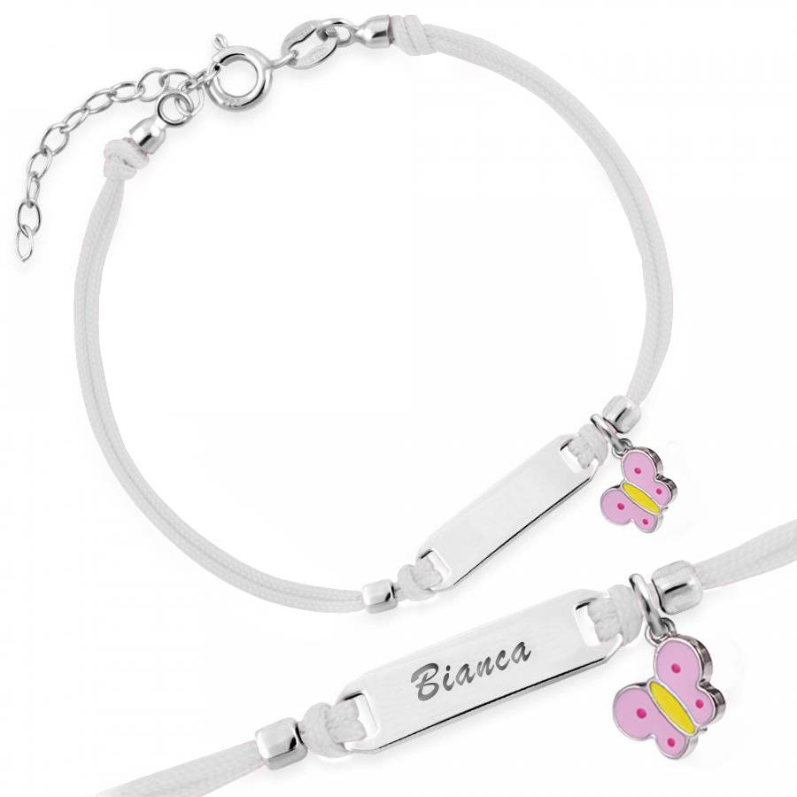 Bracciale Argento Bimba Cordoncino Bianco Farfalla