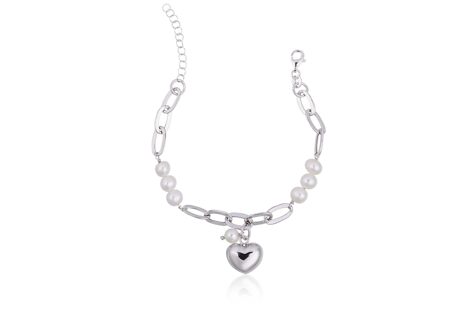 Bracciale Maglie Ovali con Perline e Cuore Bombato