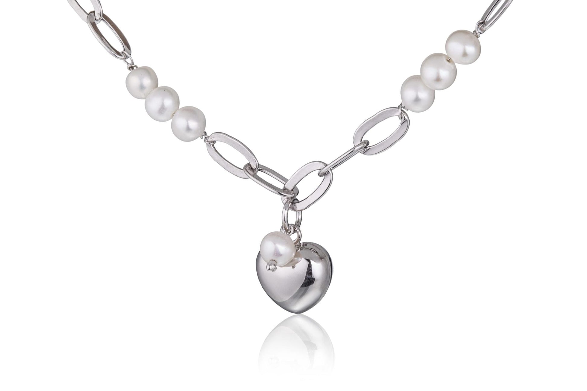 Bracciale Maglie Ovali con Perline e Cuore Bombato