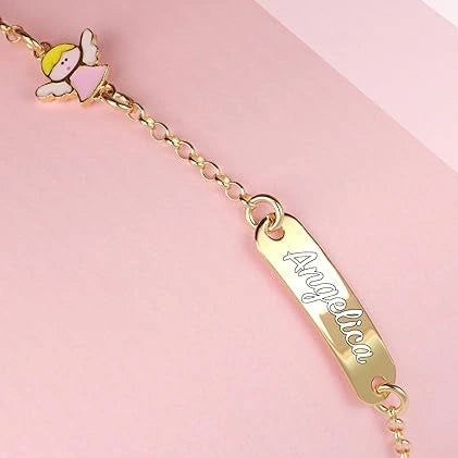 Silver Bracelet for Girl with Pink Angel and Heart