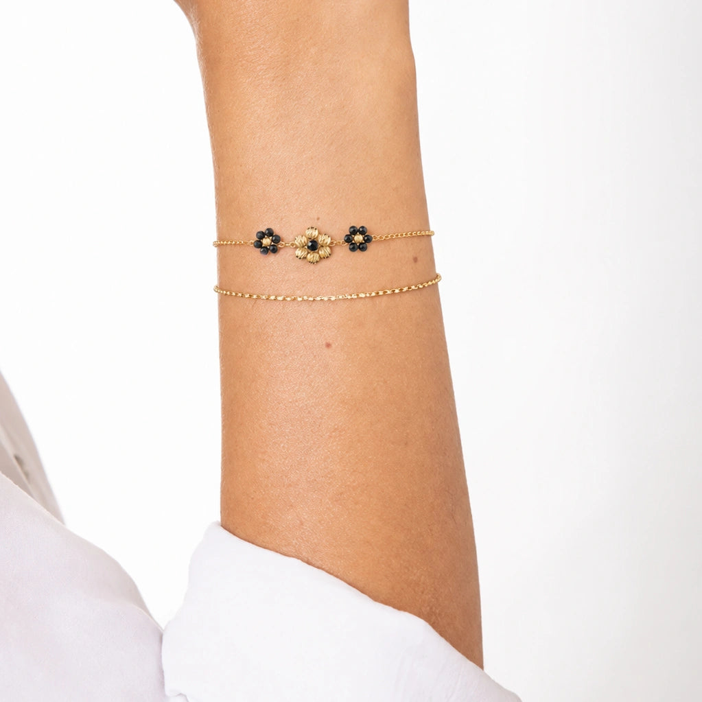 Bracelet Doré Trois Fleurs avec Double Chaîne