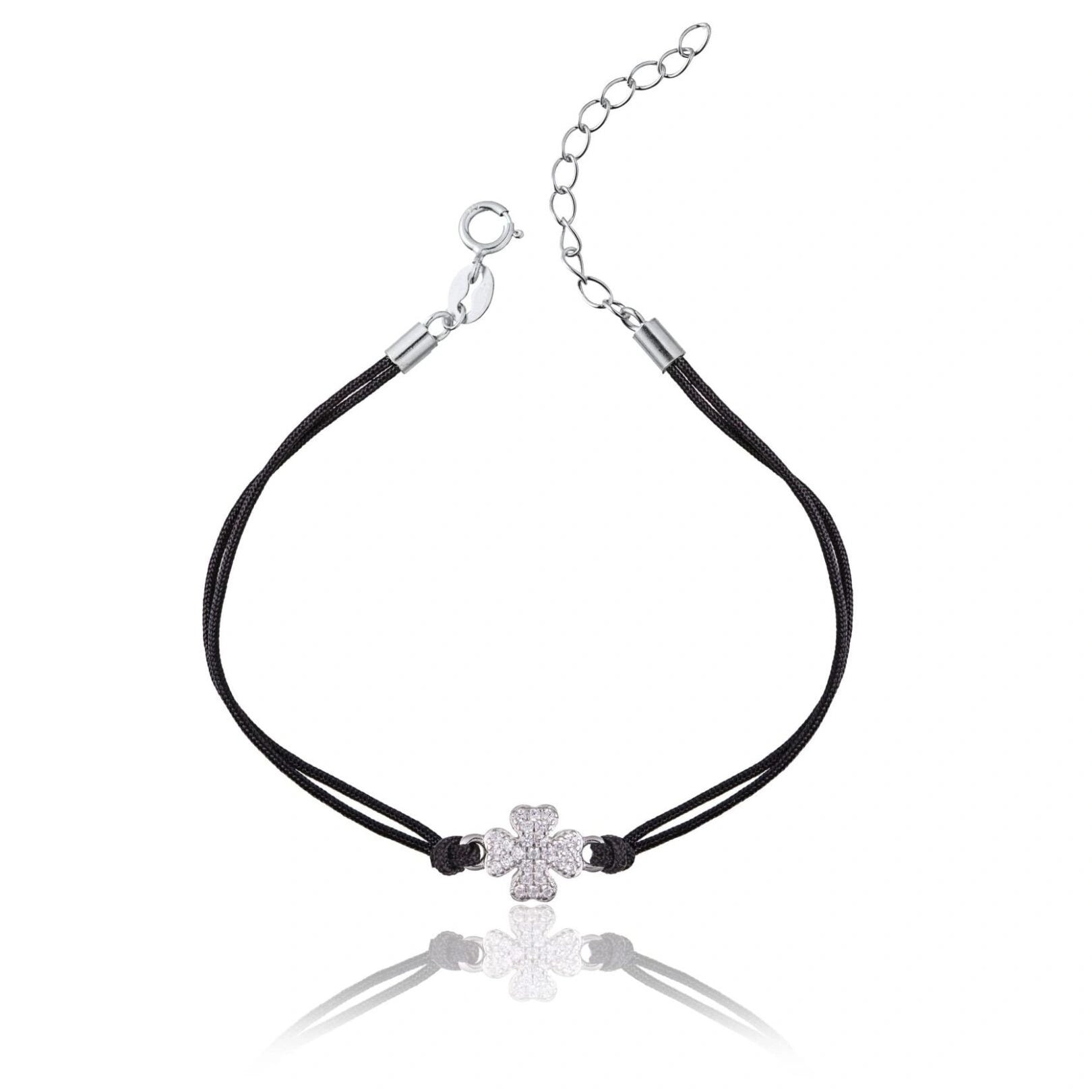 Pulsera de Plata con Cordón y Trébol de Cuatro Hojas con Strass