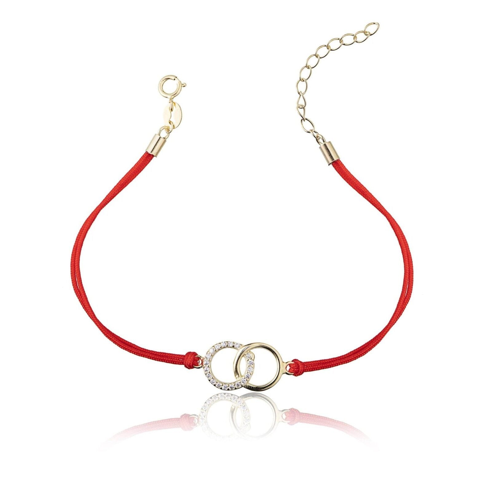 Pulsera de Plata con Cordón Rojo Círculos con Strass Dorado