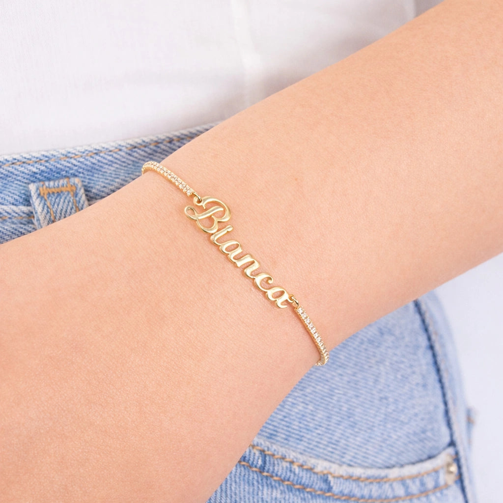 Golden Tennis Bracelet with Cursive Name