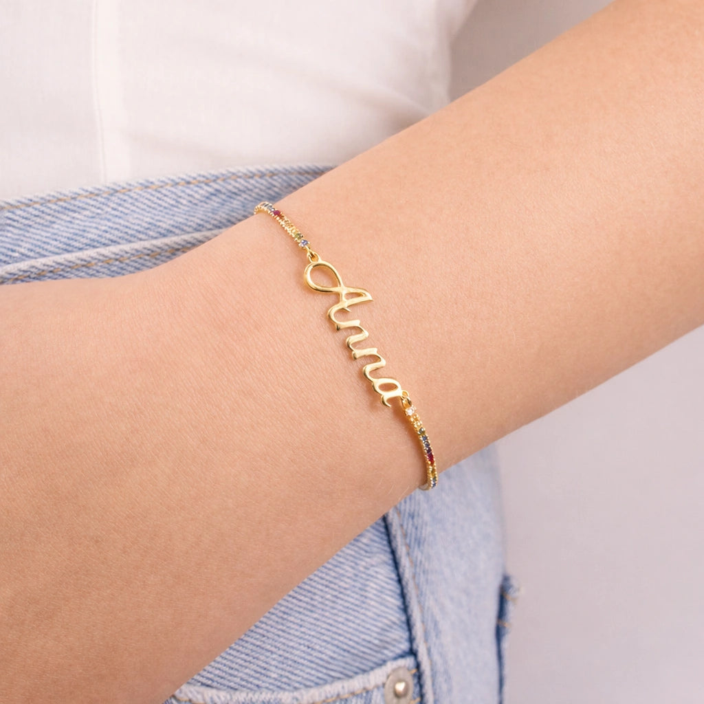 Golden Tennis Bracelet with Cursive Name