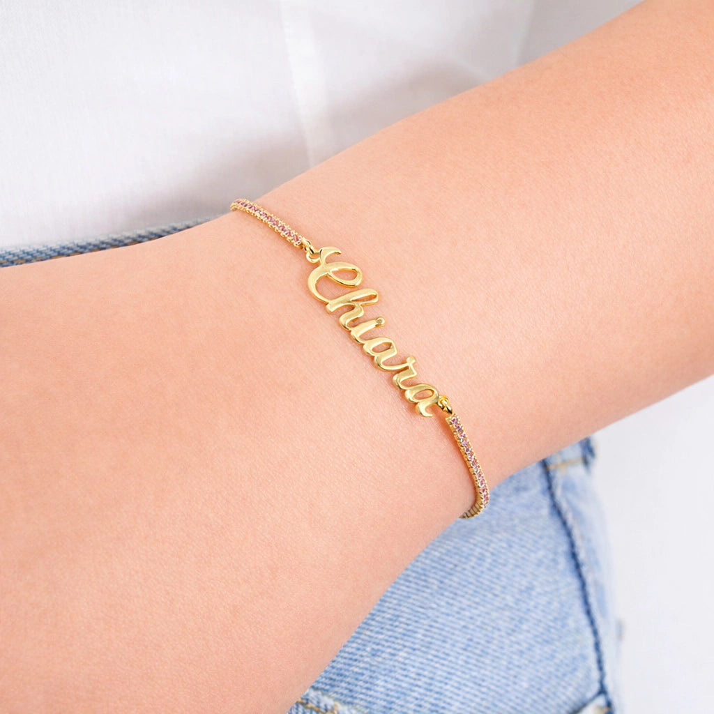 Golden Tennis Bracelet with Cursive Name