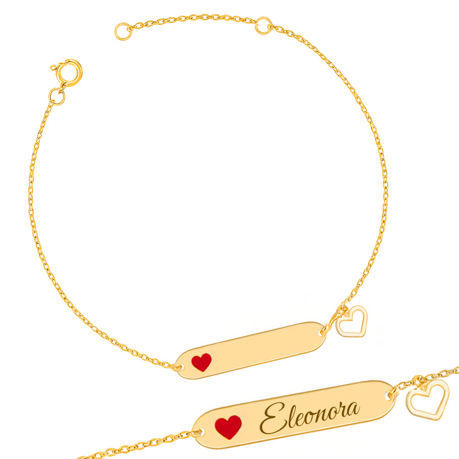 Bracciale da Bambini in Oro con Cuore Smaltato Rosso e Cuore Pendente