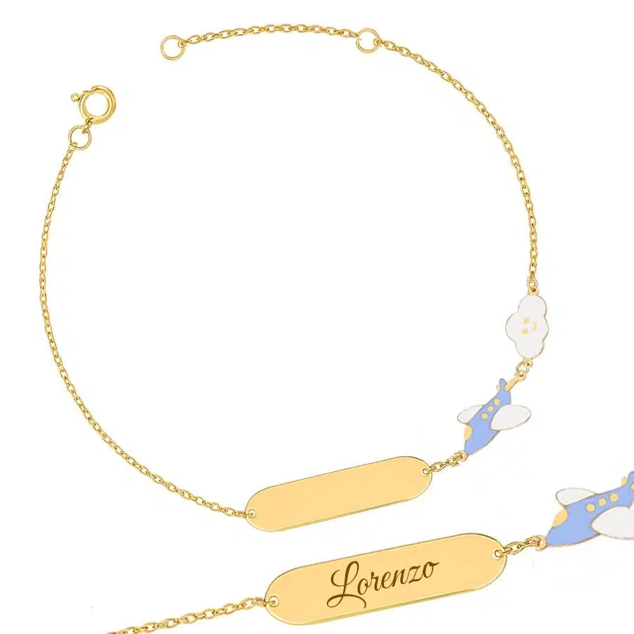 Bracciale da Bambini in Oro con Aeroplano Azzurro e Nuvola