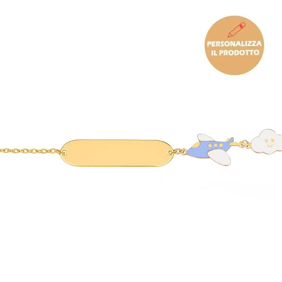 Bracciale da Bambini in Oro con Aeroplano Azzurro e Nuvola