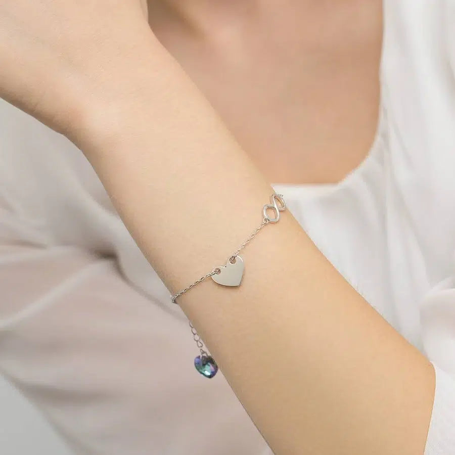 Silver Bracelet with Heart-Shaped Zircon Infinity Heart Engraving