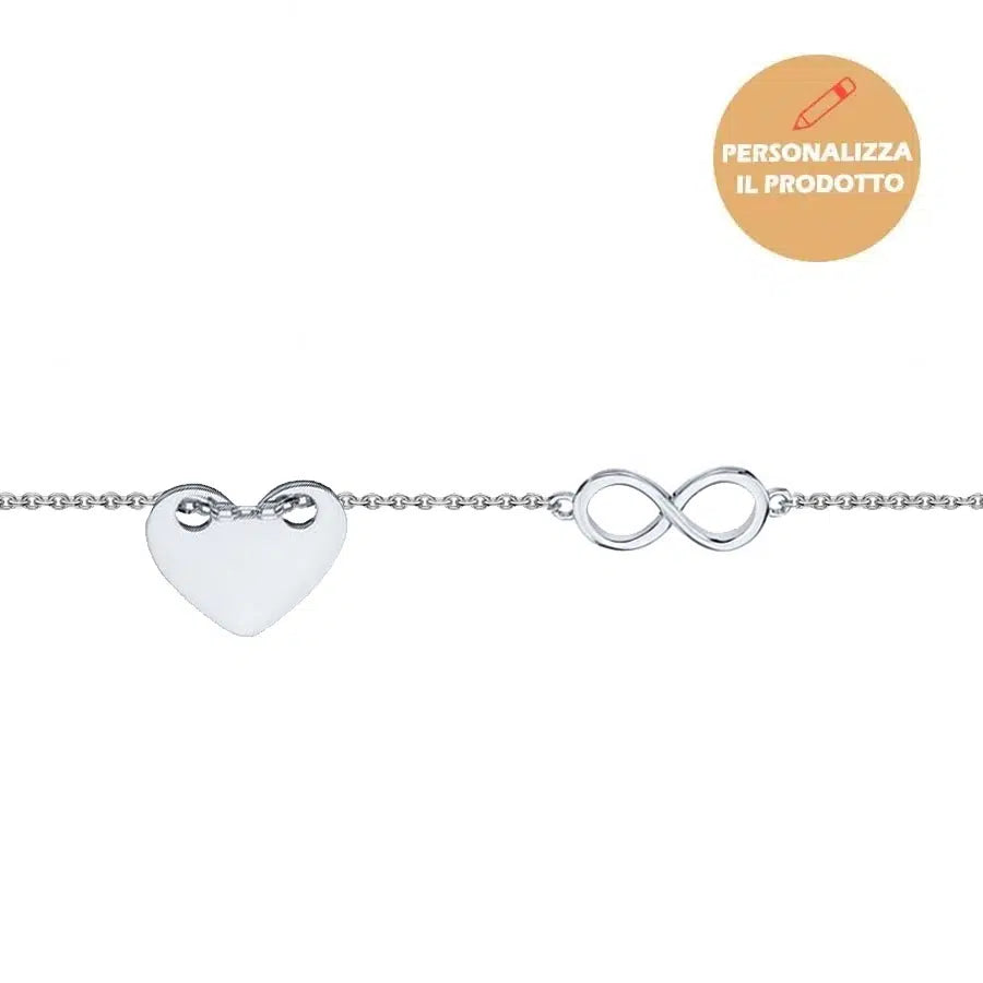 Silver Bracelet with Heart-Shaped Zircon Infinity Heart Engraving