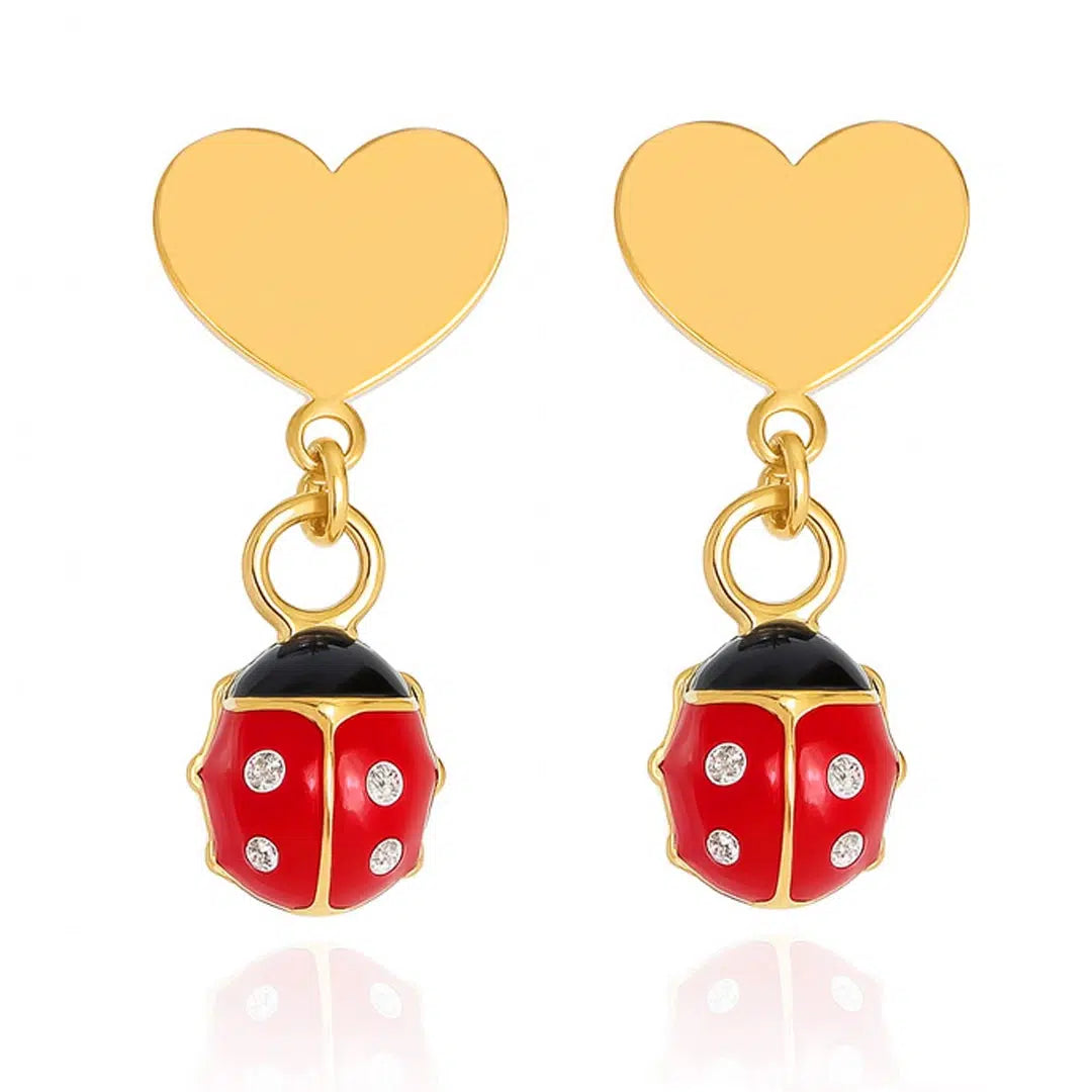 Orecchini in Oro da Bambina Cuore e Coccinella Pendente con Zirconi