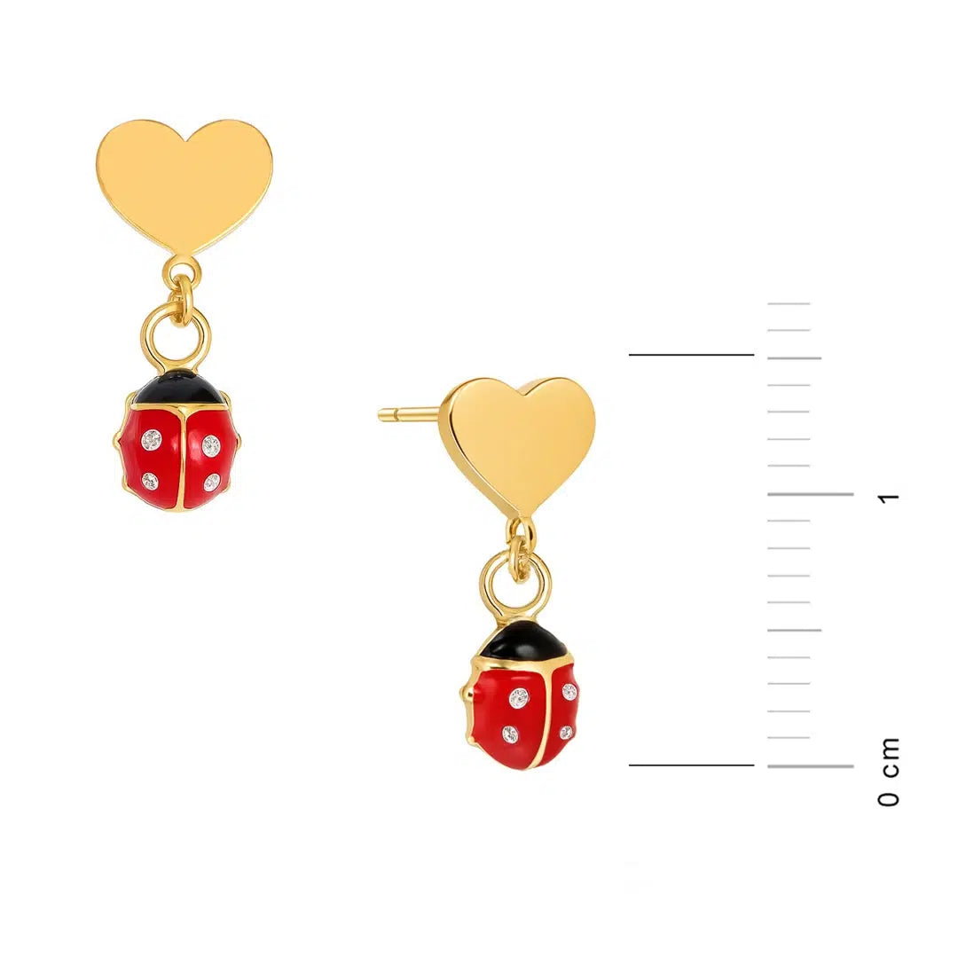Orecchini in Oro da Bambina Cuore e Coccinella Pendente con Zirconi