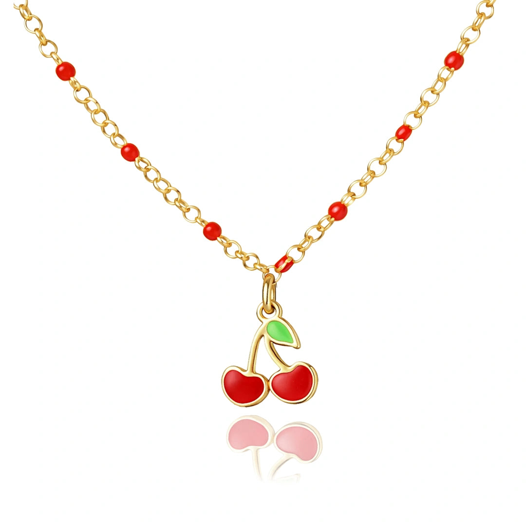 Collana in Argento con Ciliegia Smaltata e Dorata