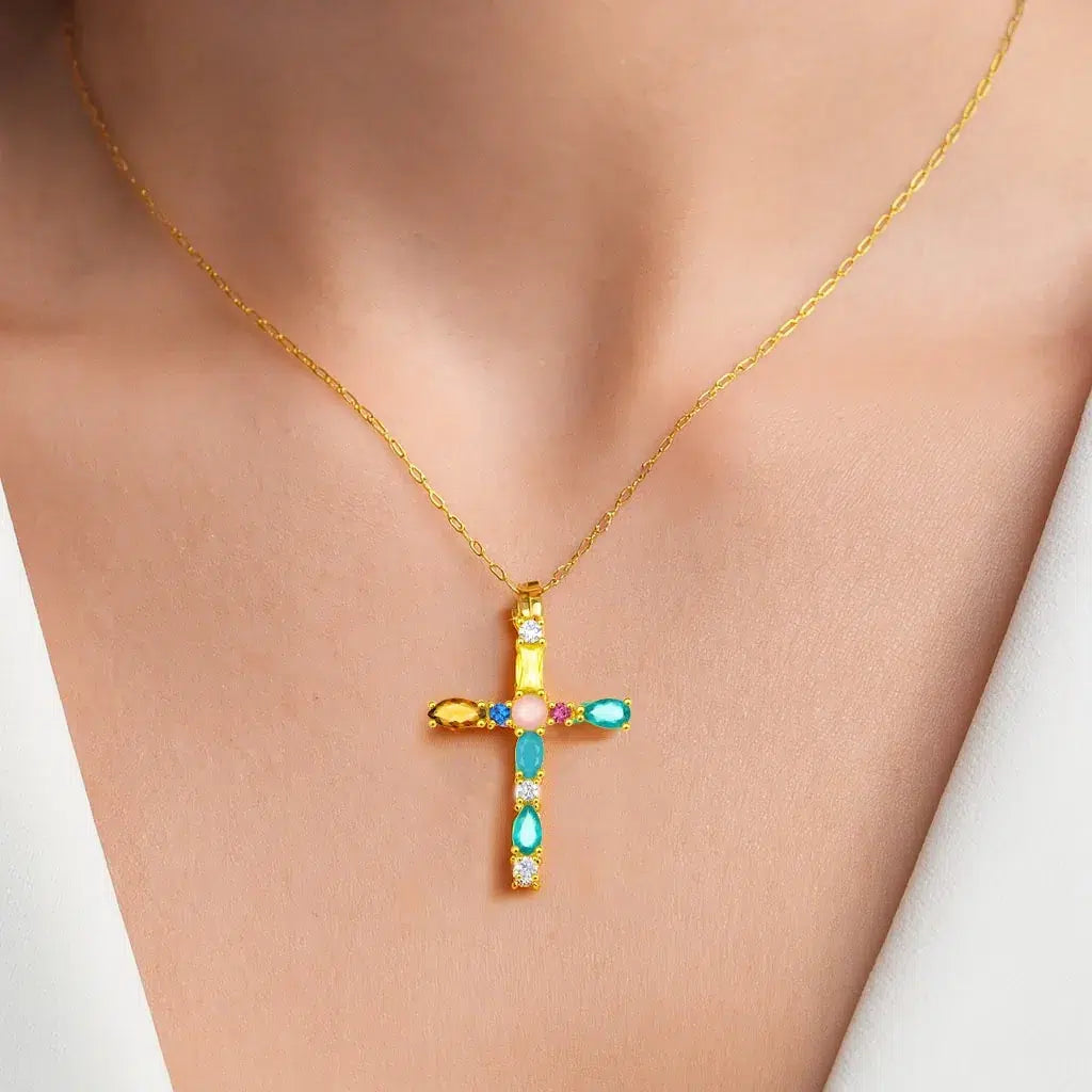 Collana Croce in Argento 925 Placcato Oro con Zirconi Multicolore