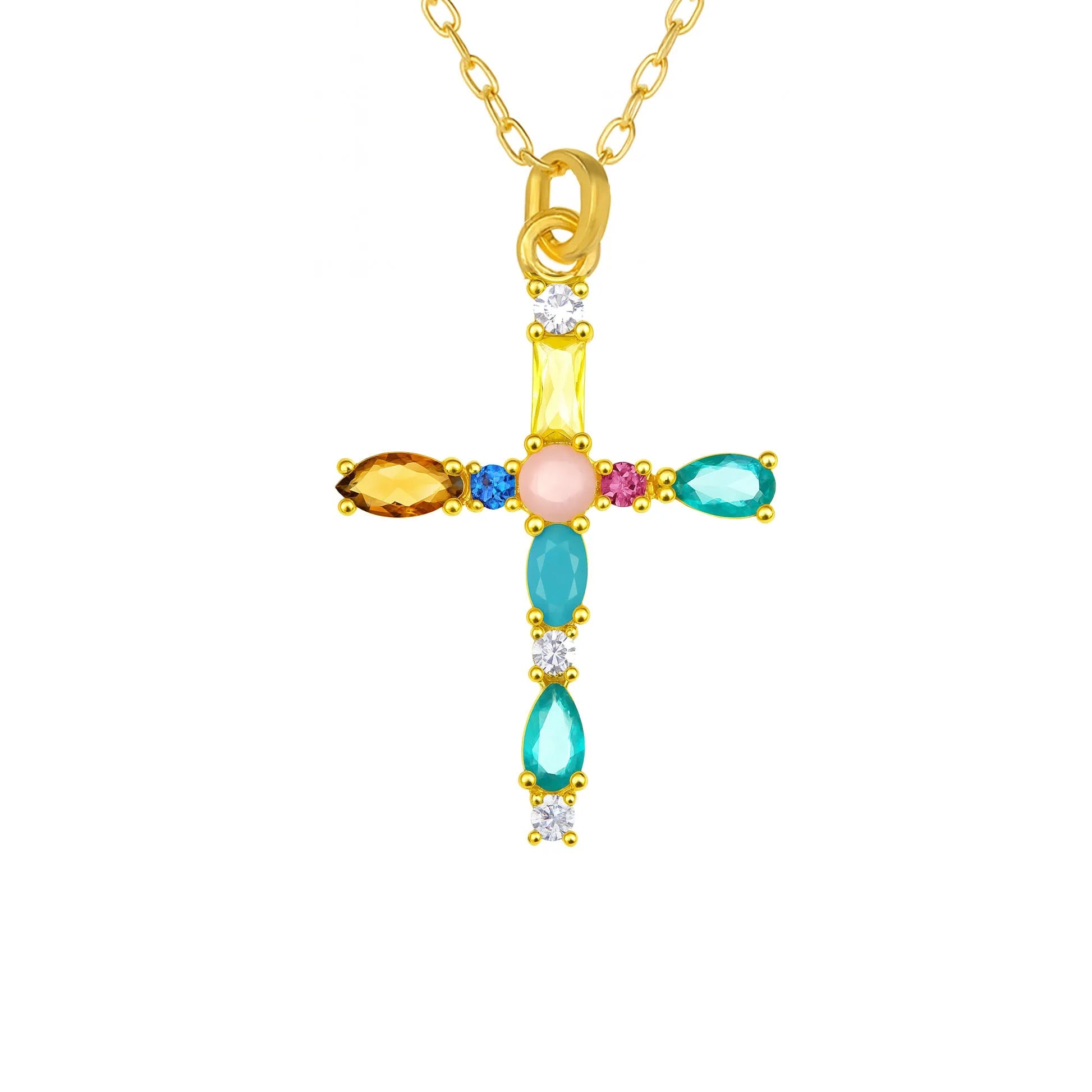 Collana Croce in Argento 925 Placcato Oro con Zirconi Multicolore