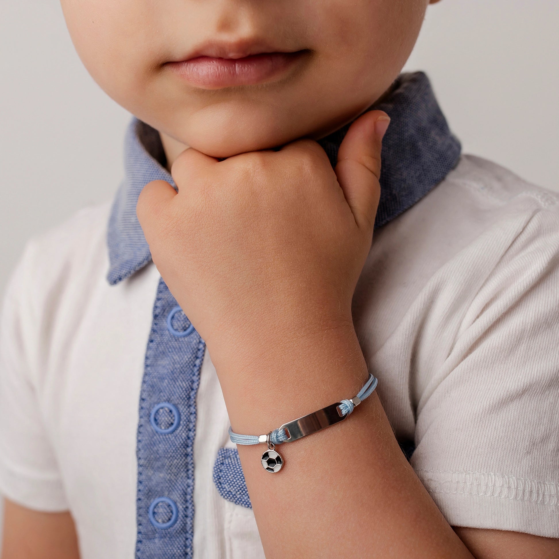 Silver Bracelet for Boy Blue Cord White and Black Ball