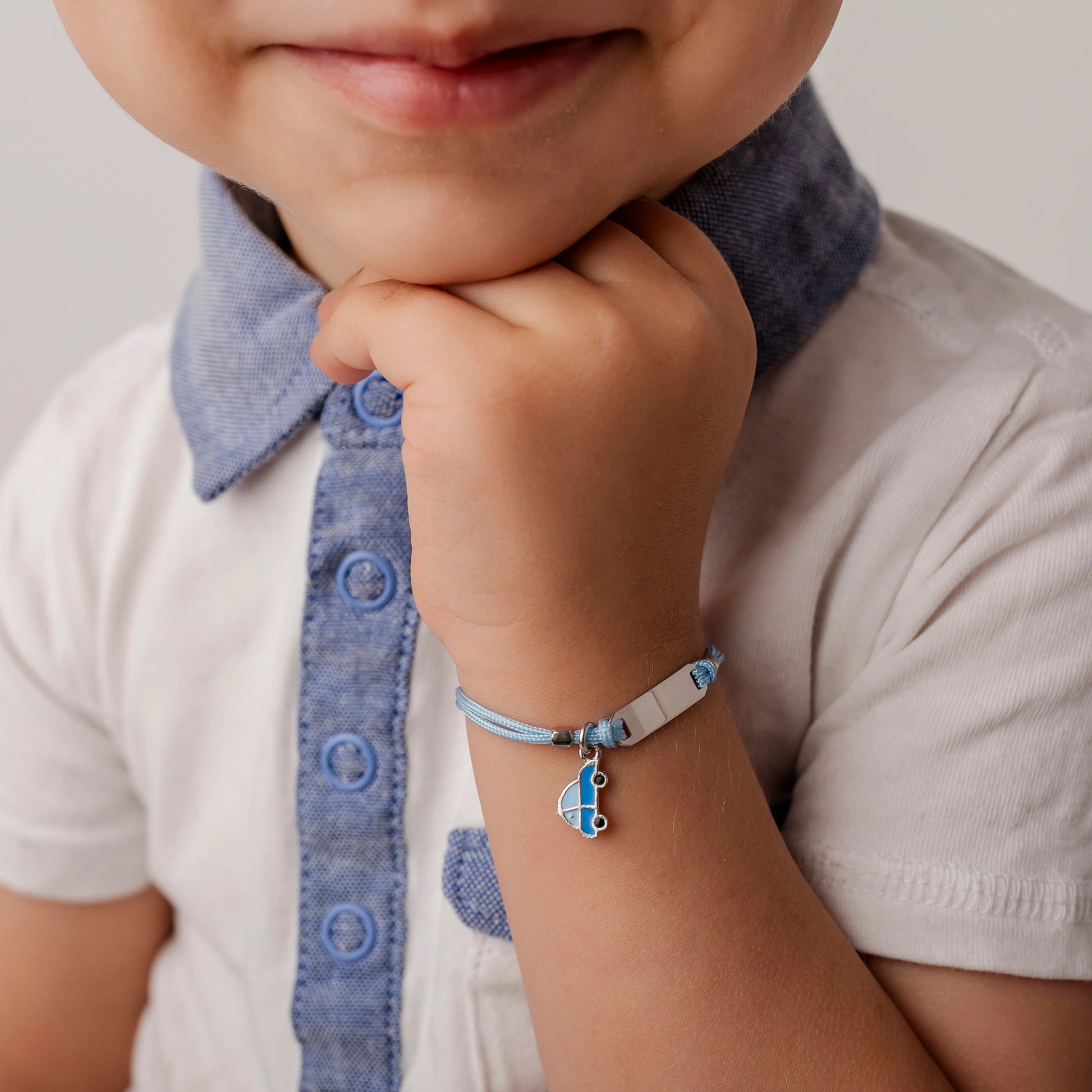 Silver Bracelet for Boy Blue Cord Toy Car