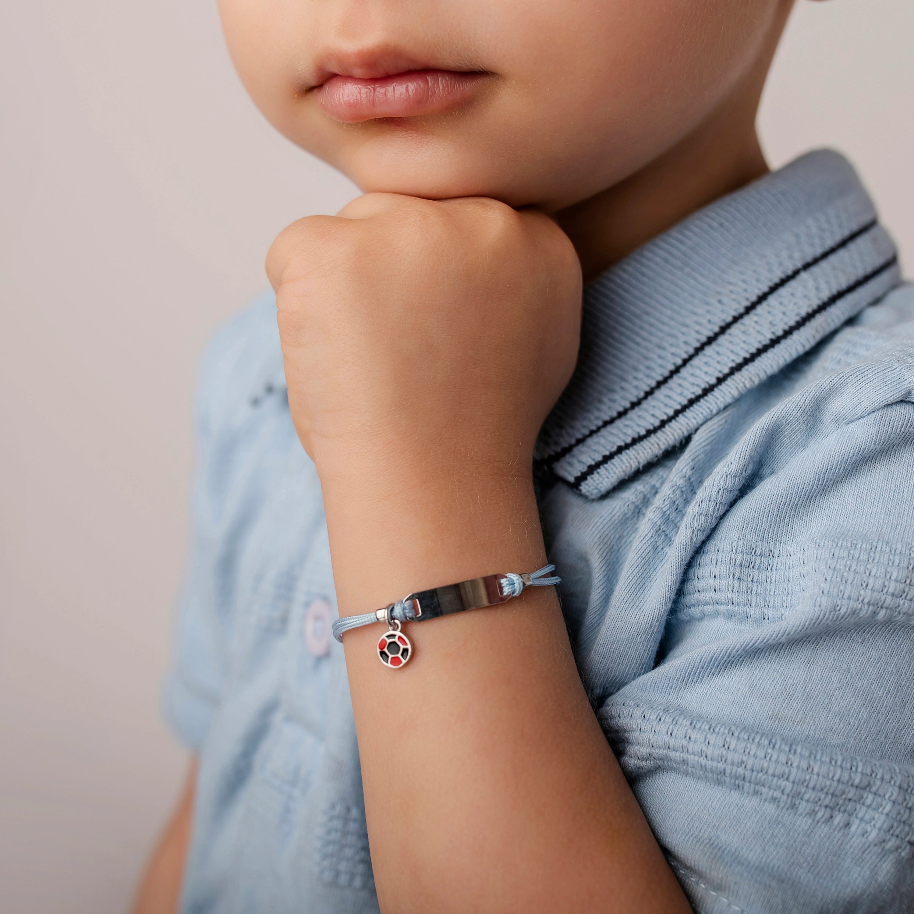 Silver Bracelet for Boy Blue Cord Red and Black Ball