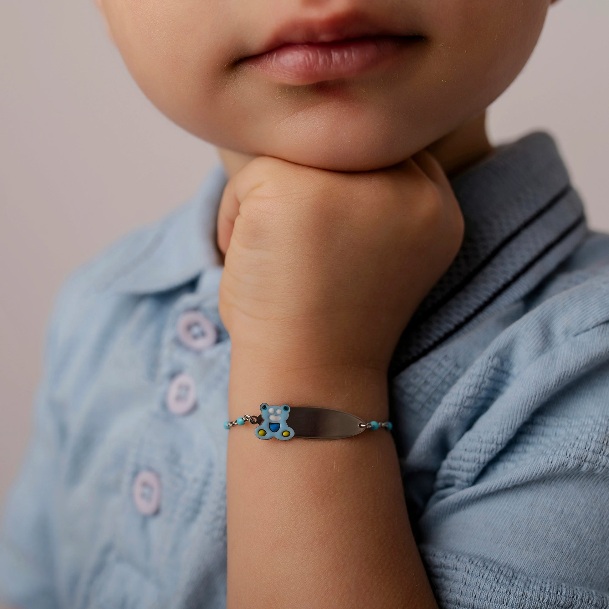 Silver Rosary Bracelet with Blue Enamel Teddy Bear and Engravable Plate