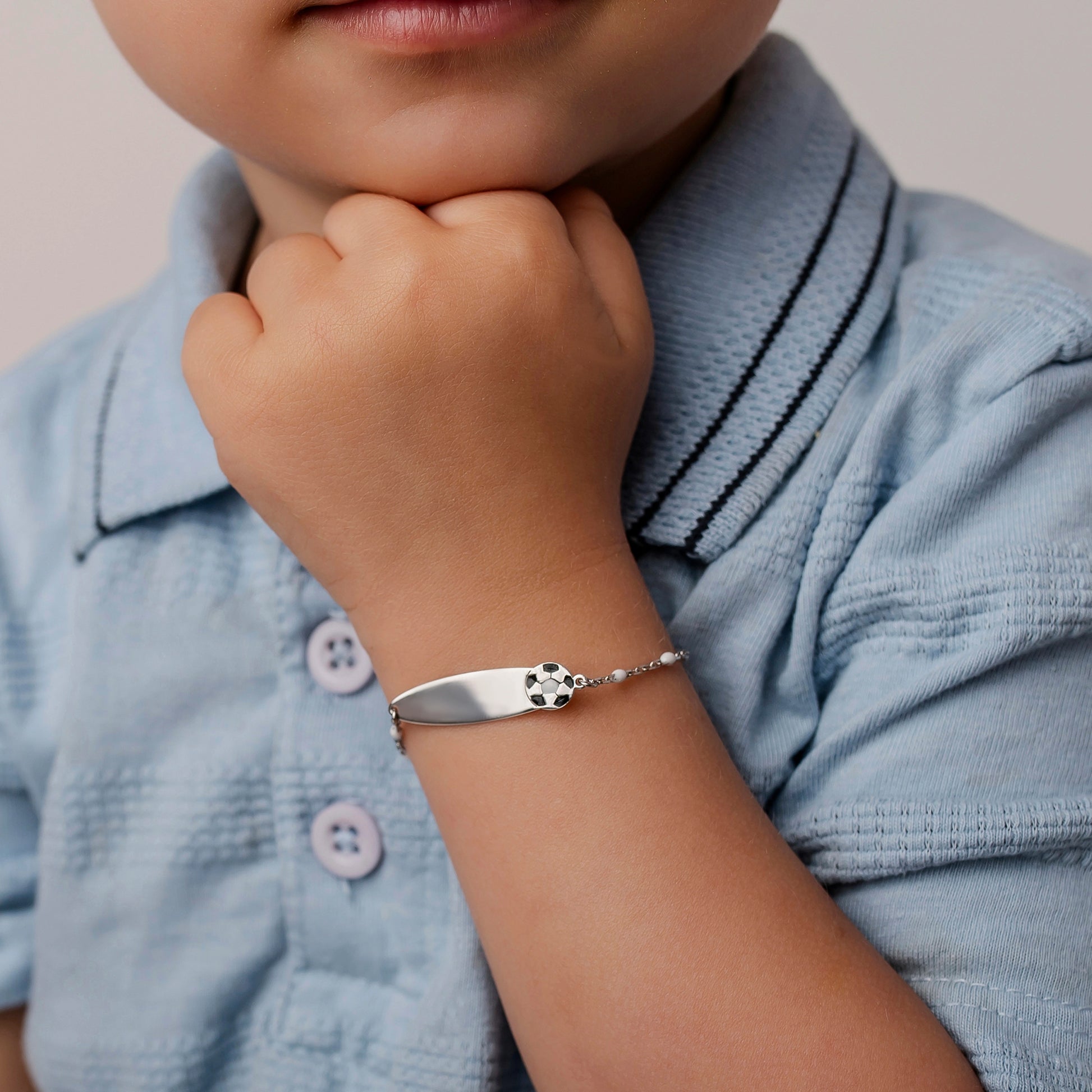 Silver Rosary Bracelet with Enamel Soccer Ball and Engravable Plate