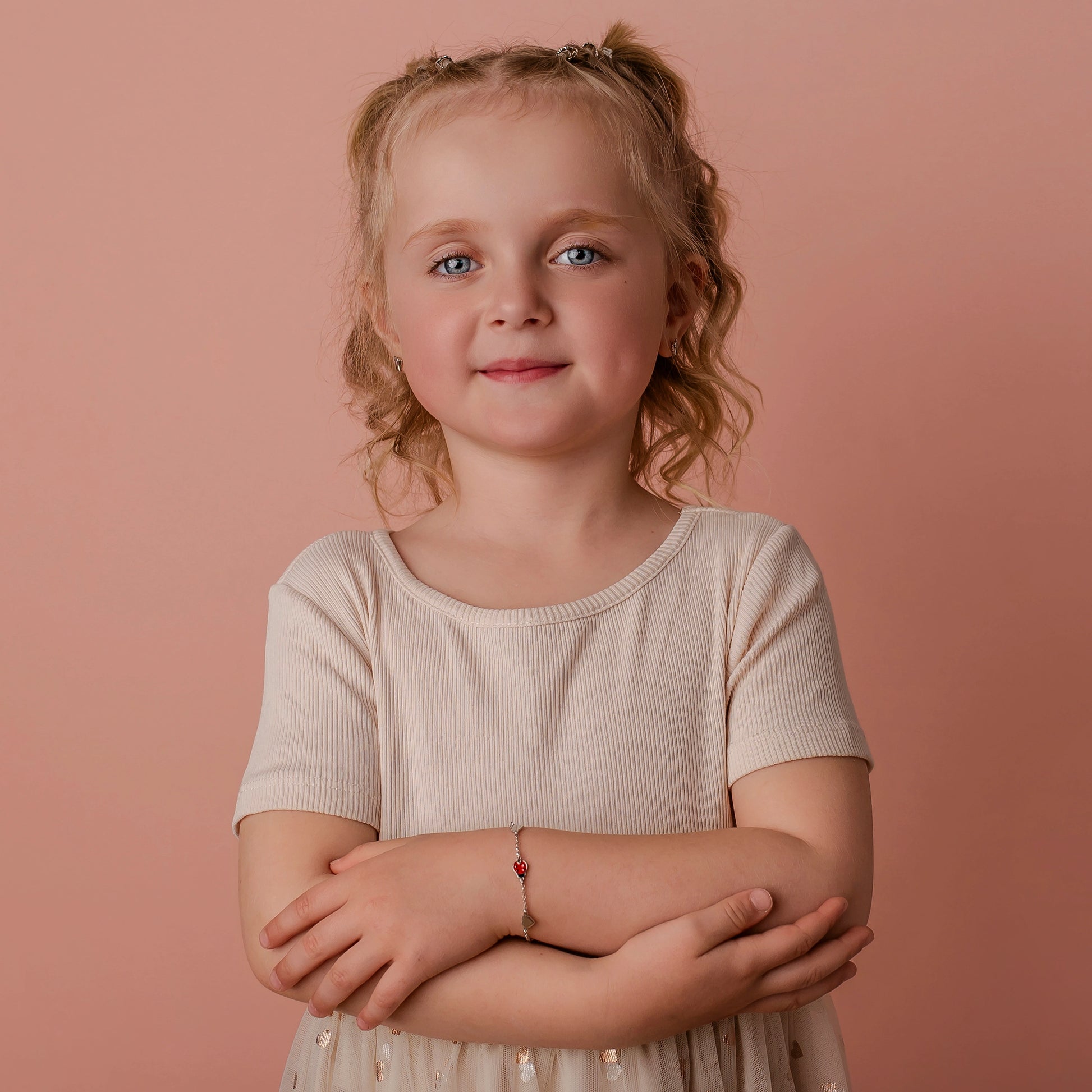 Girls' Silver Bracelet with Ladybugs and Smooth Hearts